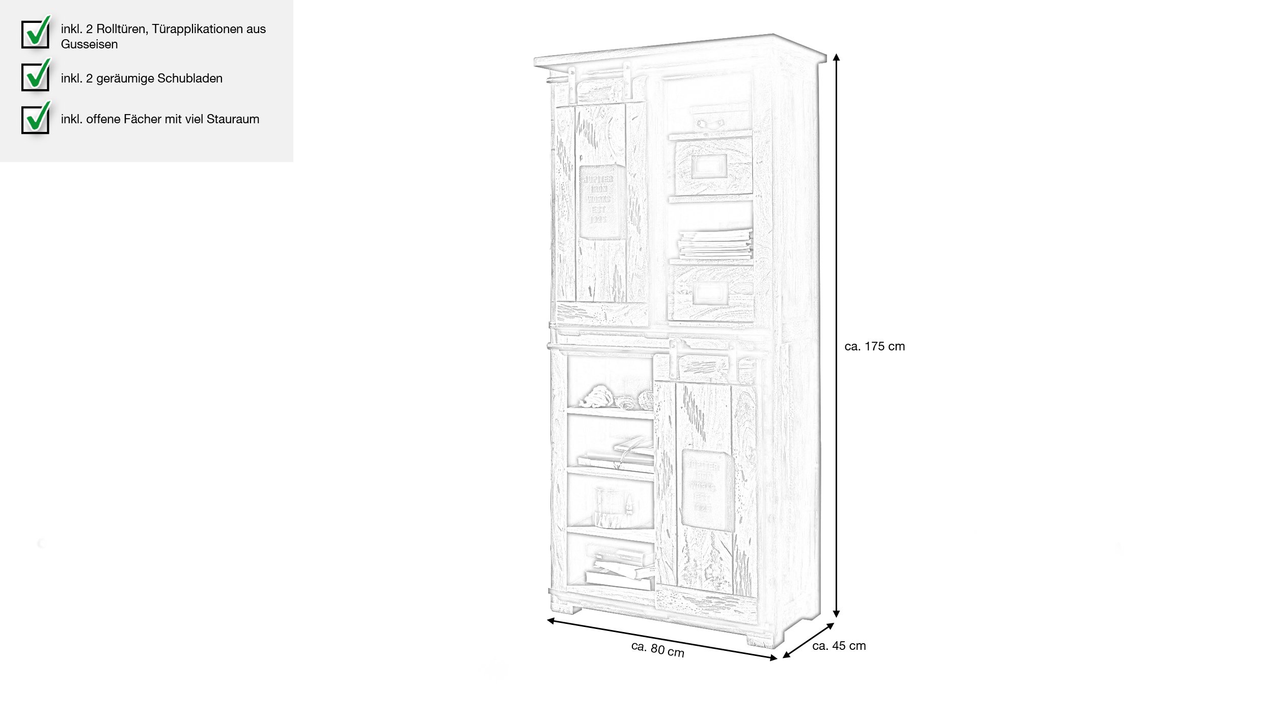Highboard mit 2 Rolltüren Mango massiv 80 cm - EMANUEL