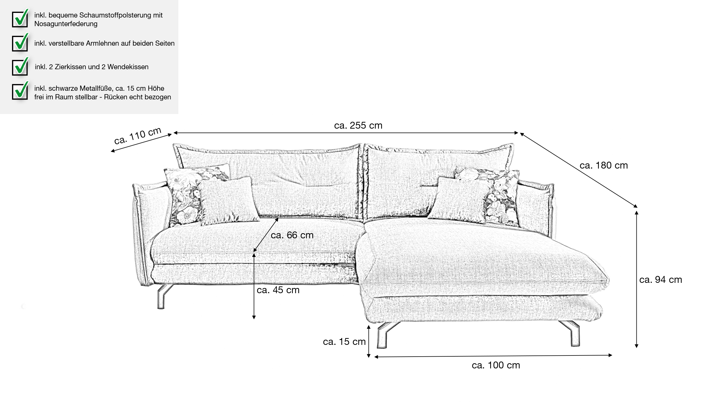 Ecksofa blau 255 x 180 cm - verstellbare Armlehnen - LAVA