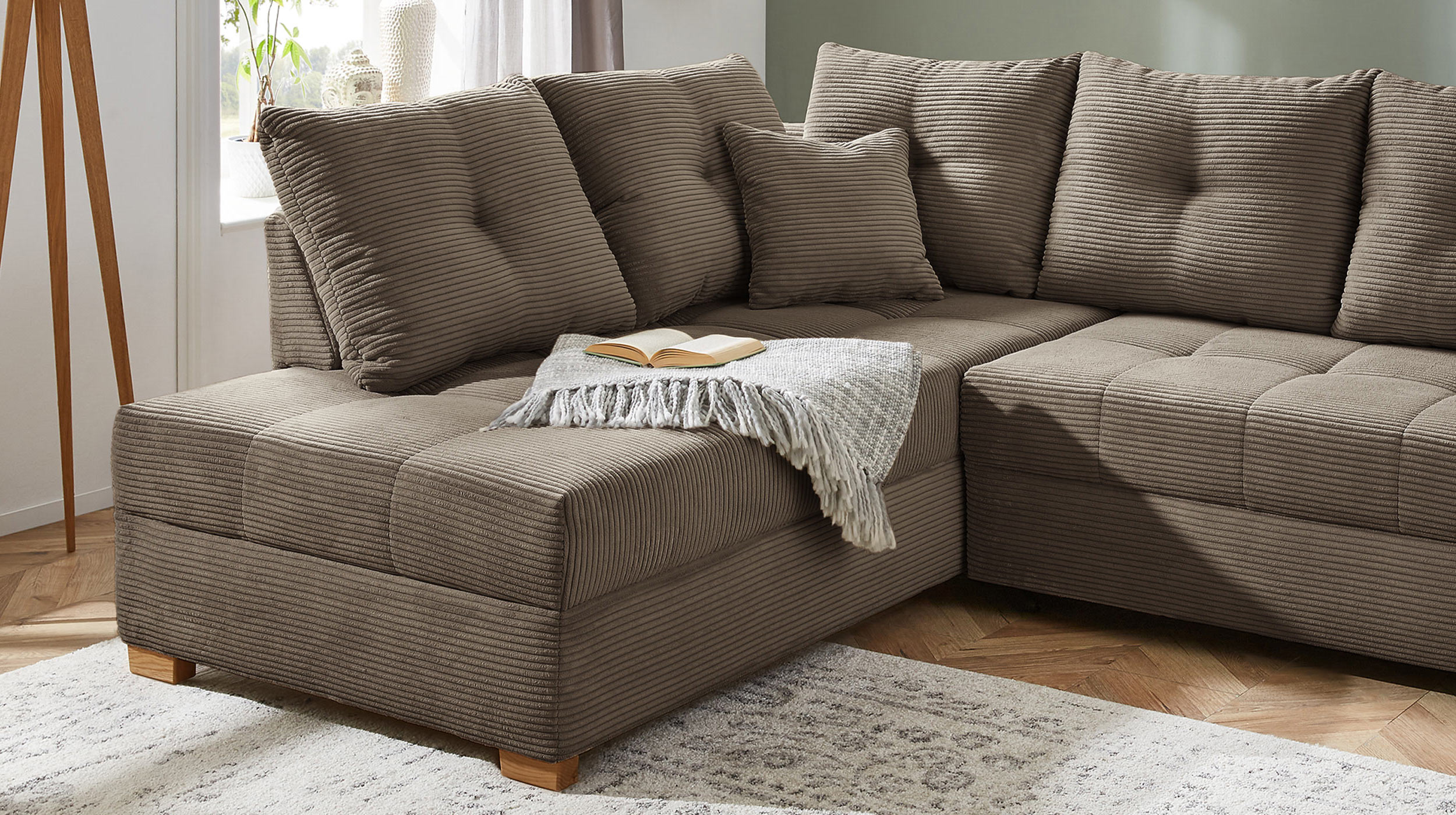 Ecksofa Cord taupe 228 cm - Schlaffunktion Bettkasten - HEIDELBERG