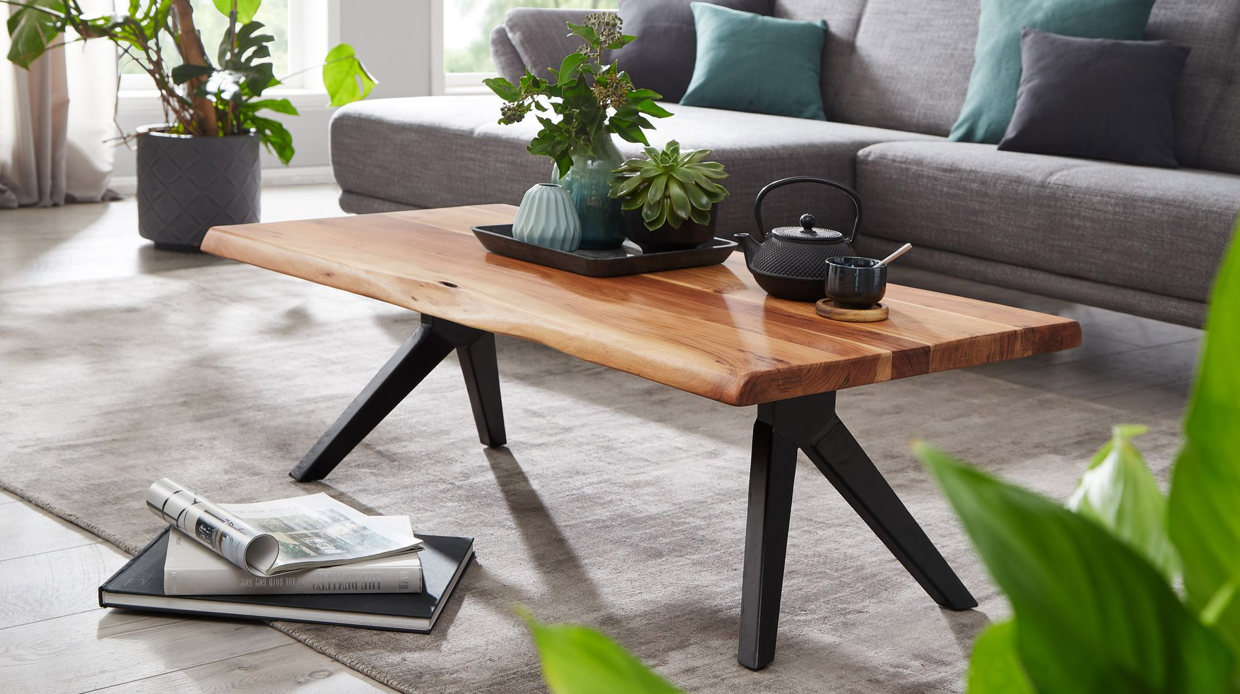 Couchtisch Baumkantentisch Optik 115 cm Akazie massiv - BRAGI
