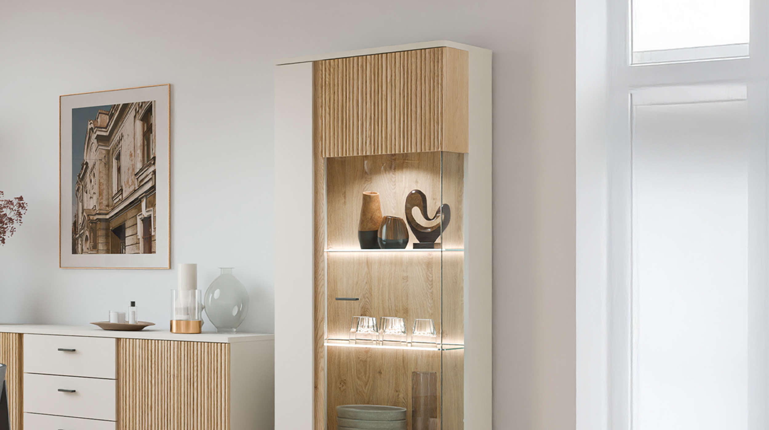 Vitrine mit Glastür beige - Eiche - Breite 62 cm - MOSANO