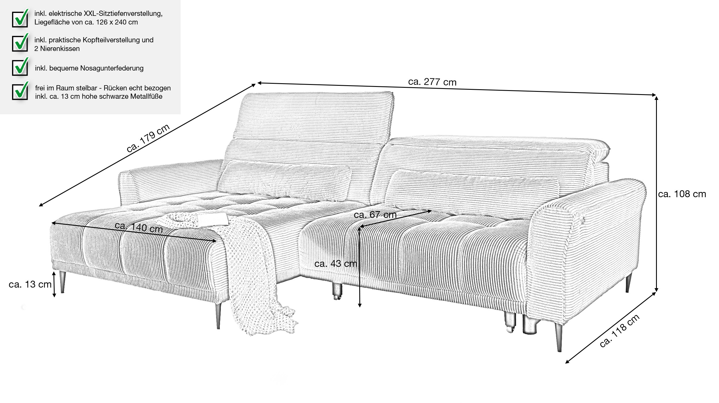 Ecksofa Cord grau ausziehbar - Sitztiefenverstellung - 277 cm - OT links - LOGAN