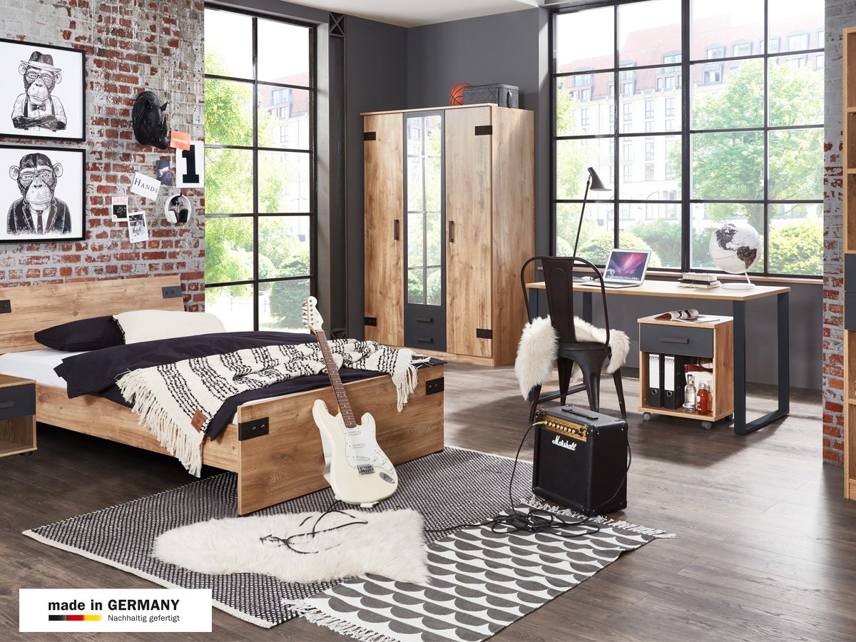 Kleiderschrank mit Spiegel Plankeneiche - graphit - 135 cm LIVERPOOL