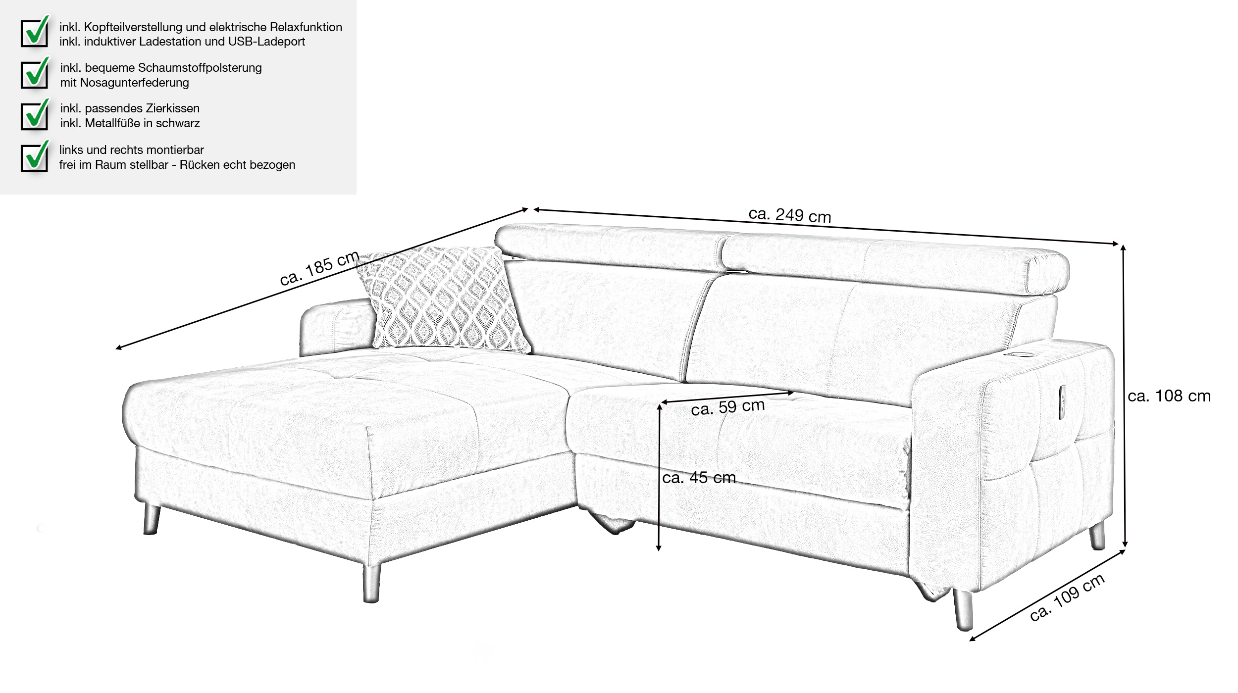 Ecksofa mit Relaxfunktion grau 249 x 109 cm - DOPPIO