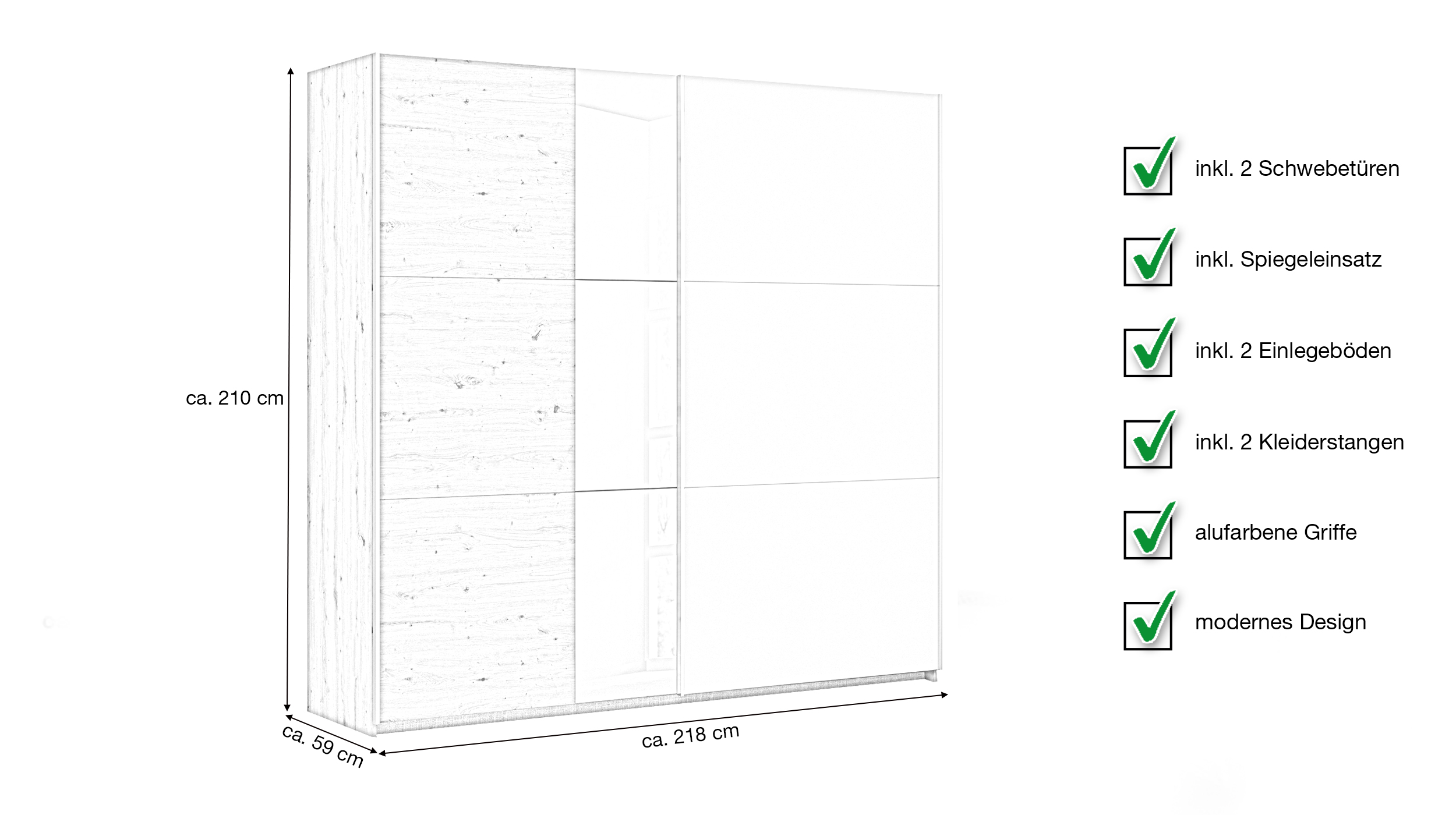 Schwebetürenschrank beige Eiche Spiegel 218 cm - rauch - MONTARIO