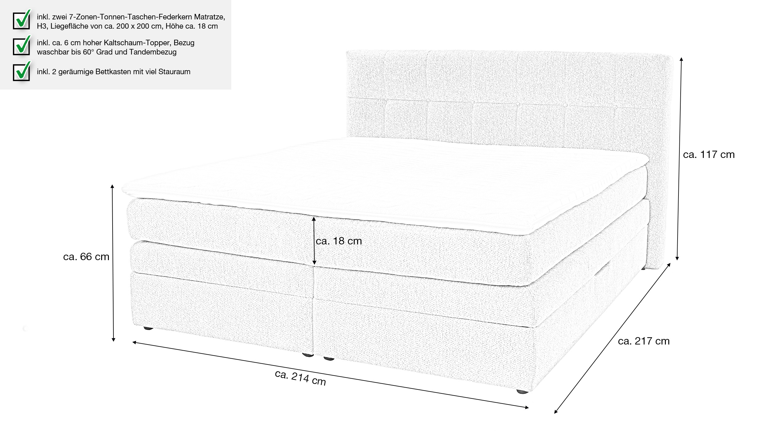Boxspringbett Chenille grau-beige 200 x 200 cm mit Bettkasten - AMY