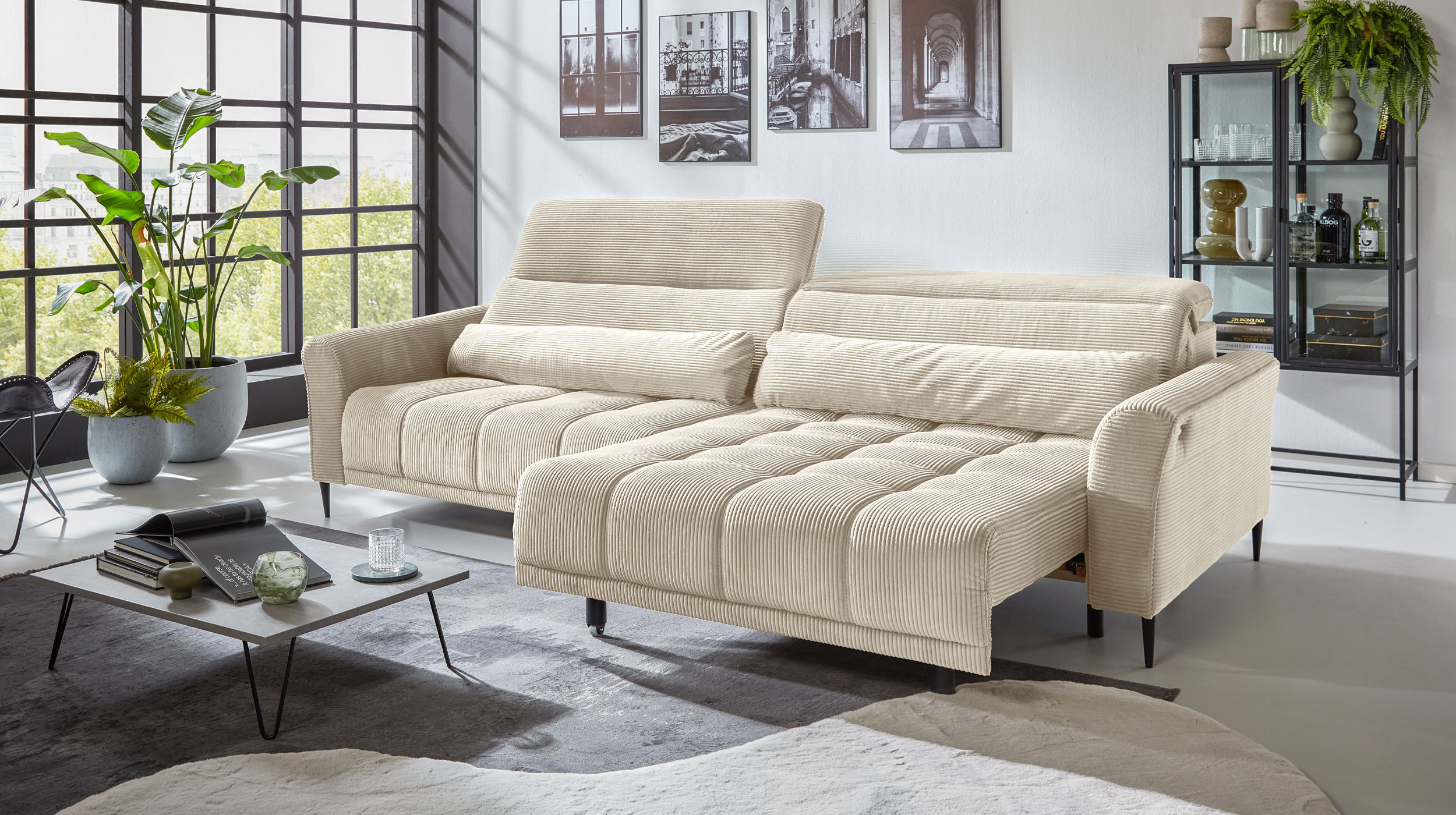 Big Sofa Cord beige ausziehbar - Sitztiefenverstellung - 280 cm - LOGAN