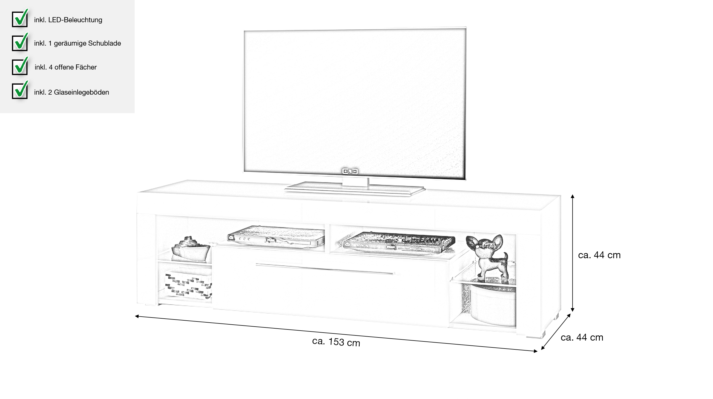 TV - Lowboard weiß hochglanz 153 cm TV - Board - GOAL