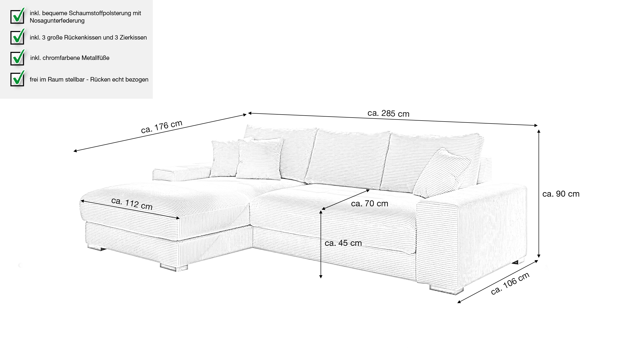 Ecksofa Cord beige 285 x 176 cm - OT links - SYDNEY