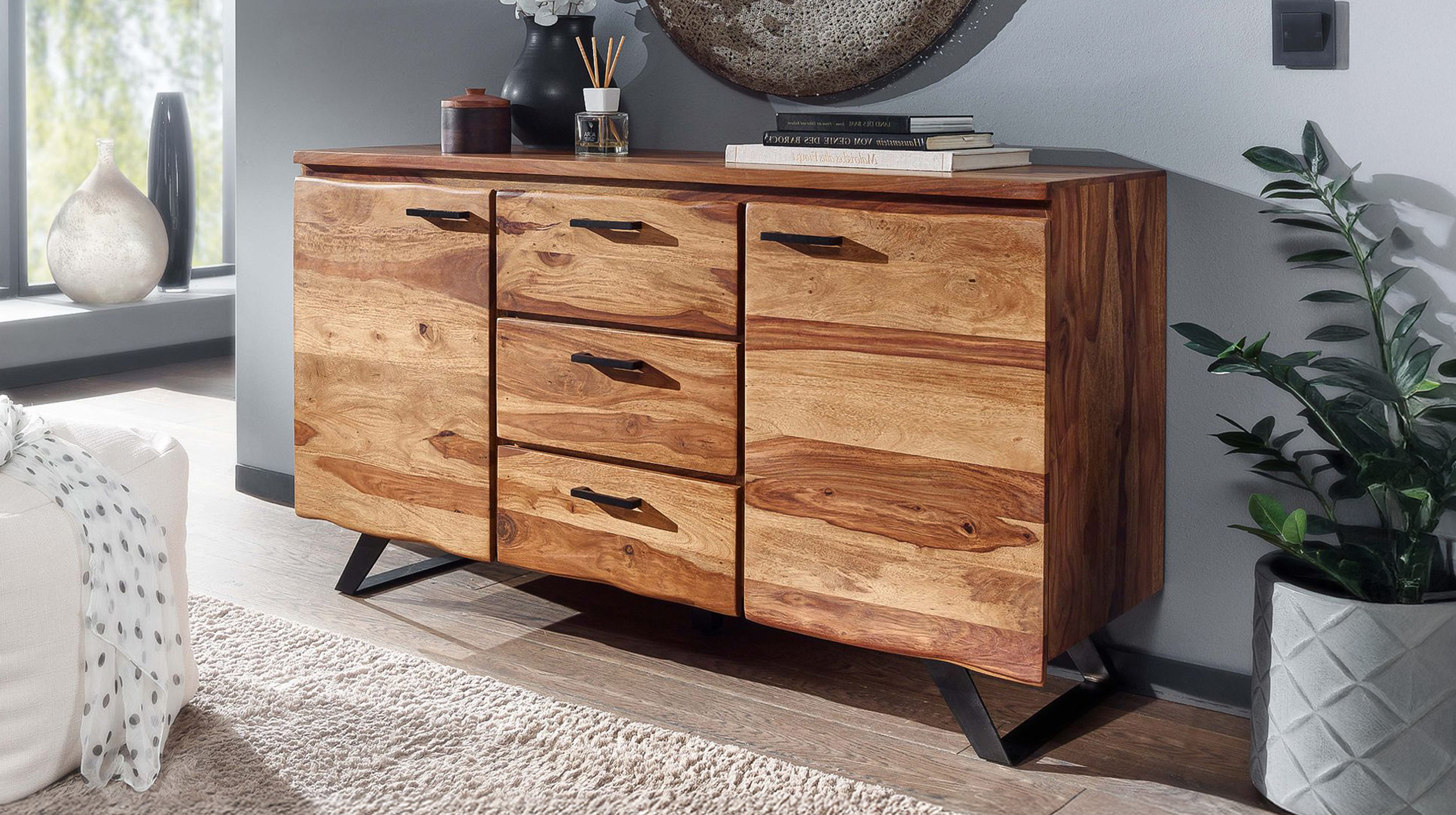 Sideboard mit 3 Schubladen Sheesham massiv 145 cm - VINNAN