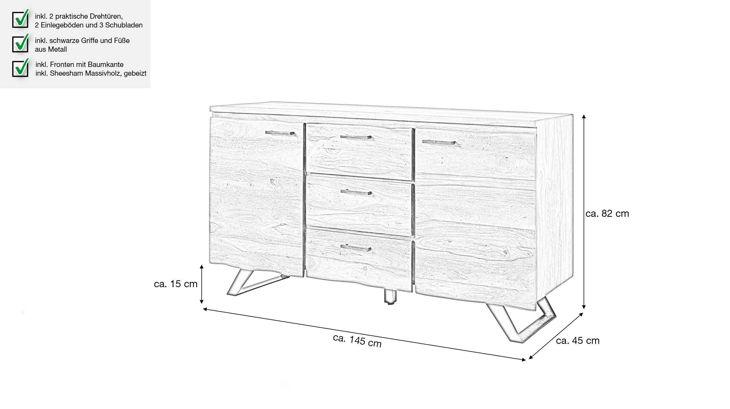Sideboard mit 3 Schubladen Sheesham massiv 145 cm - VINNAN