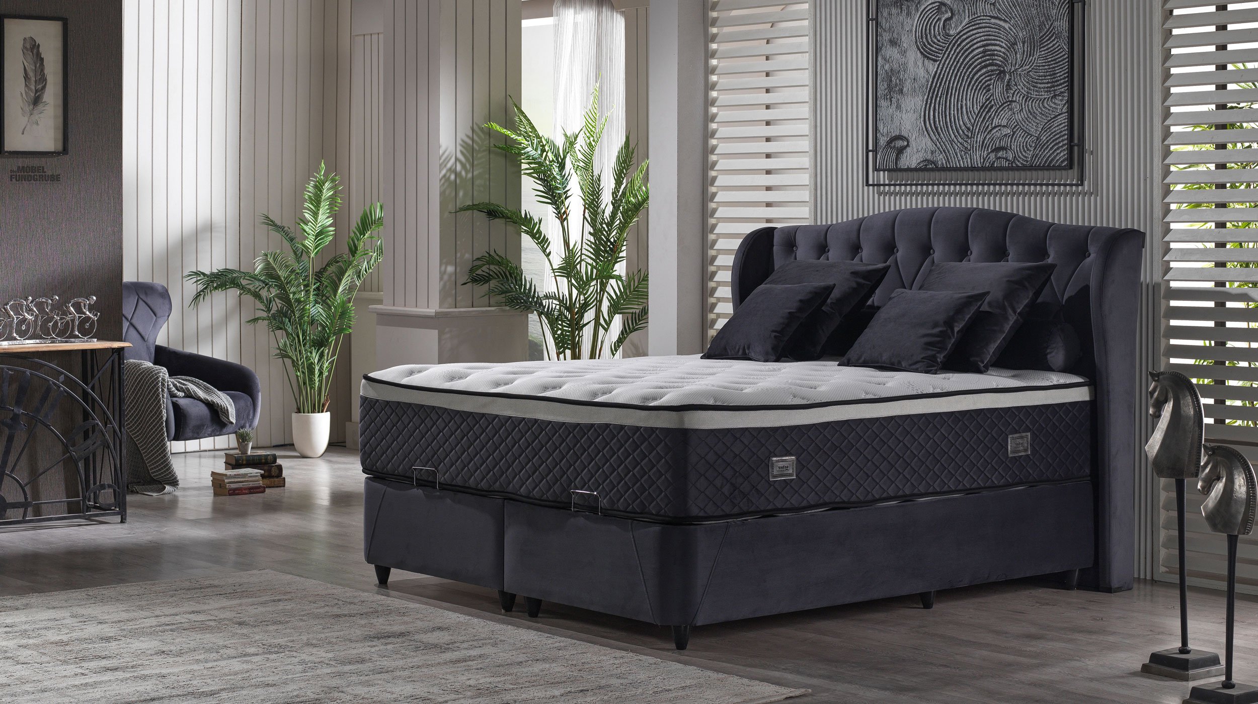 Boxbett 180 x 200 cm grau mit Bettkasten und Topper - INDIGO
