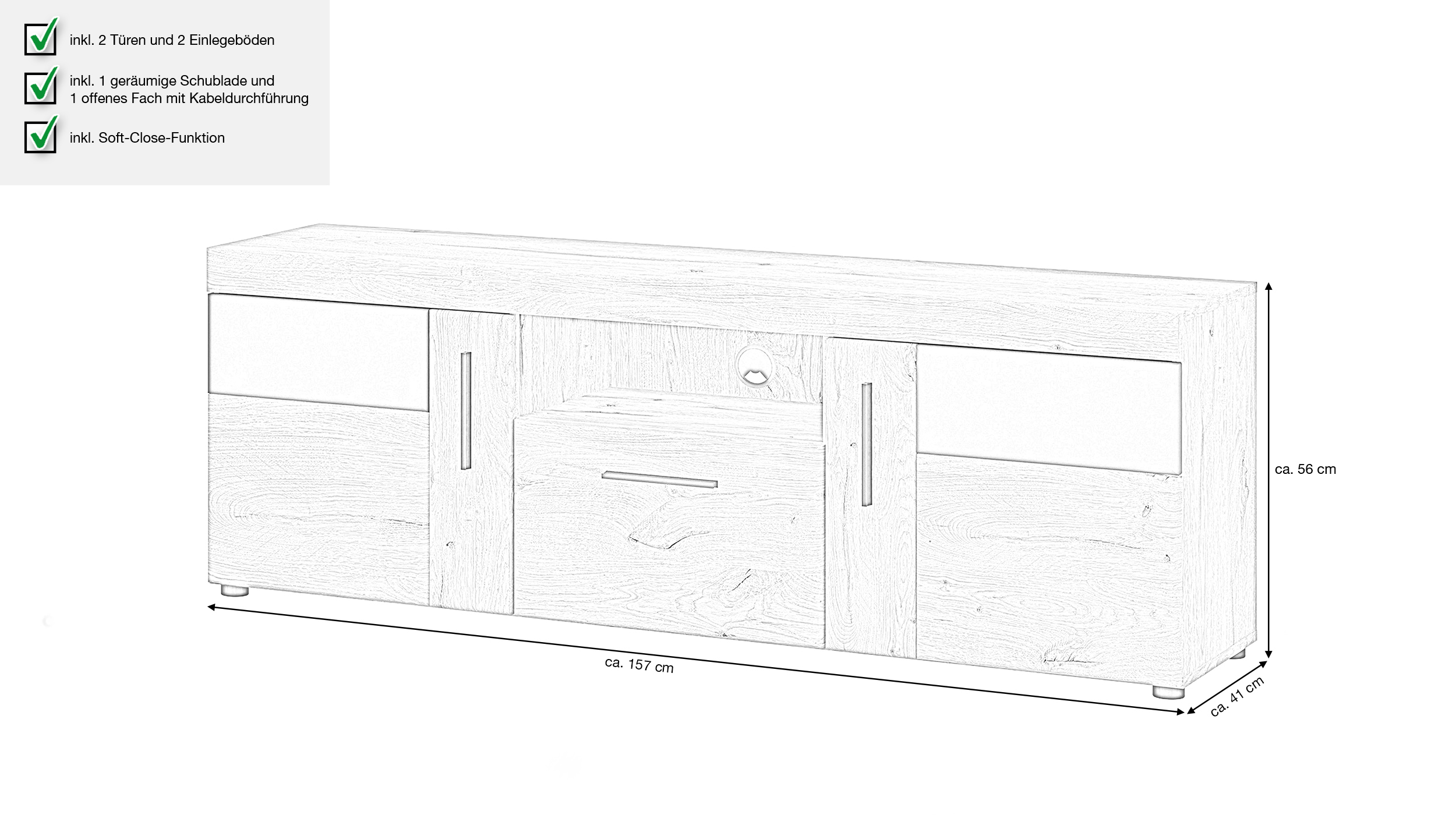 TV - Lowboard Viking Eiche - grau 157 cm - GRANO