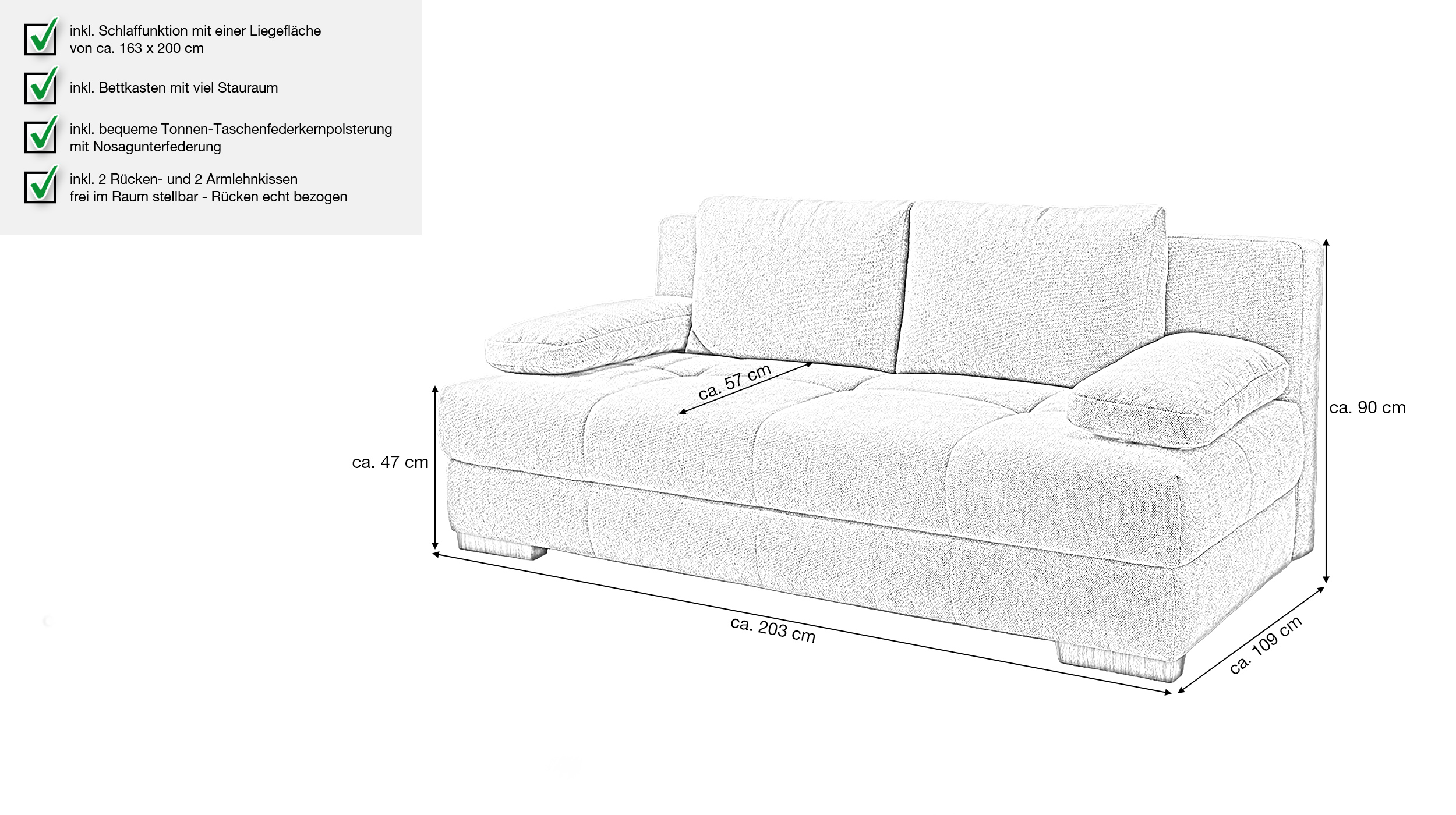 Schlafsofa Bettkasten grau Dauerschläfer Federkern 203 cm - CALLI