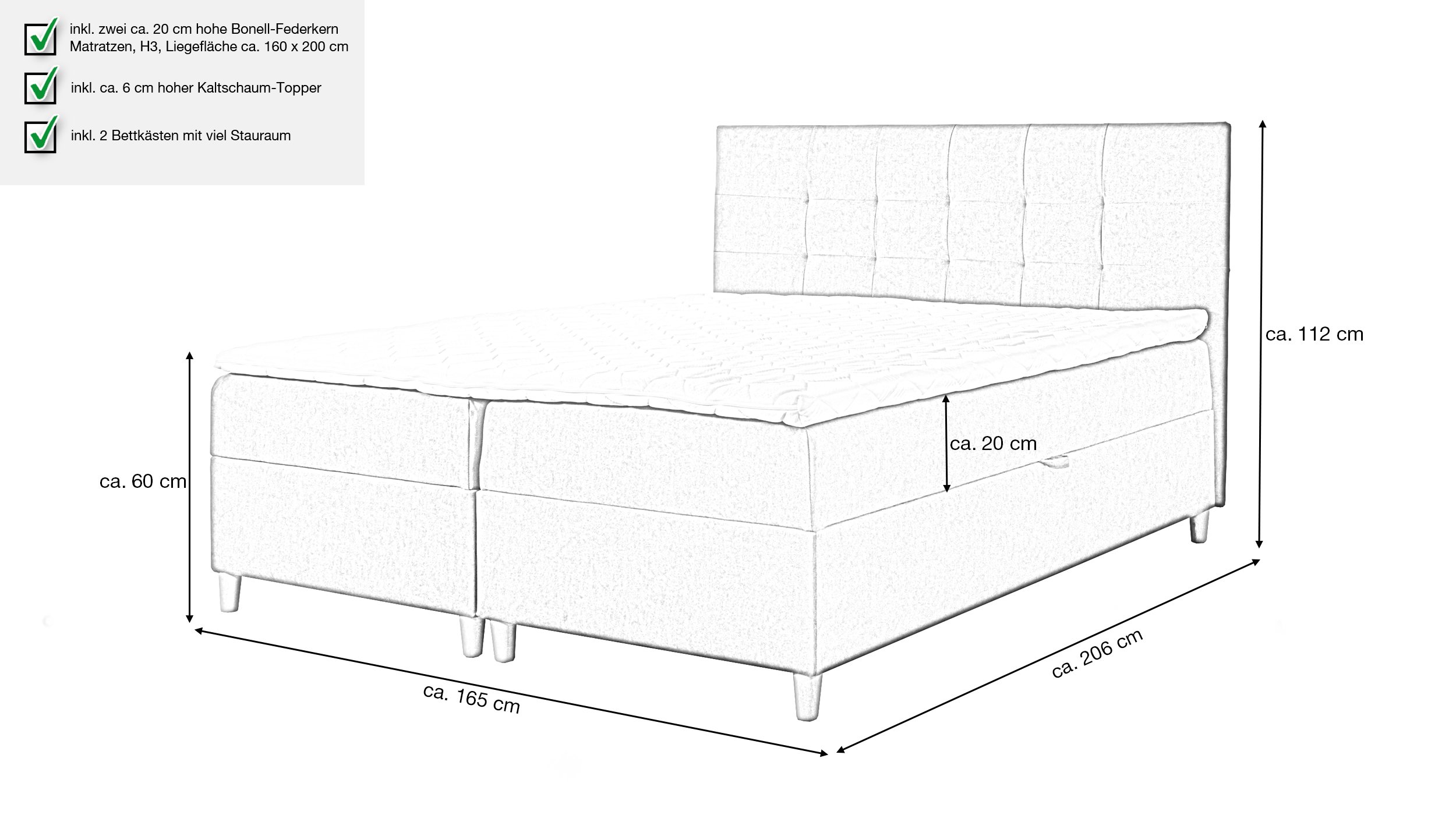 Boxbett 160 x 200 cm anthrazit Bettkasten - ADORA