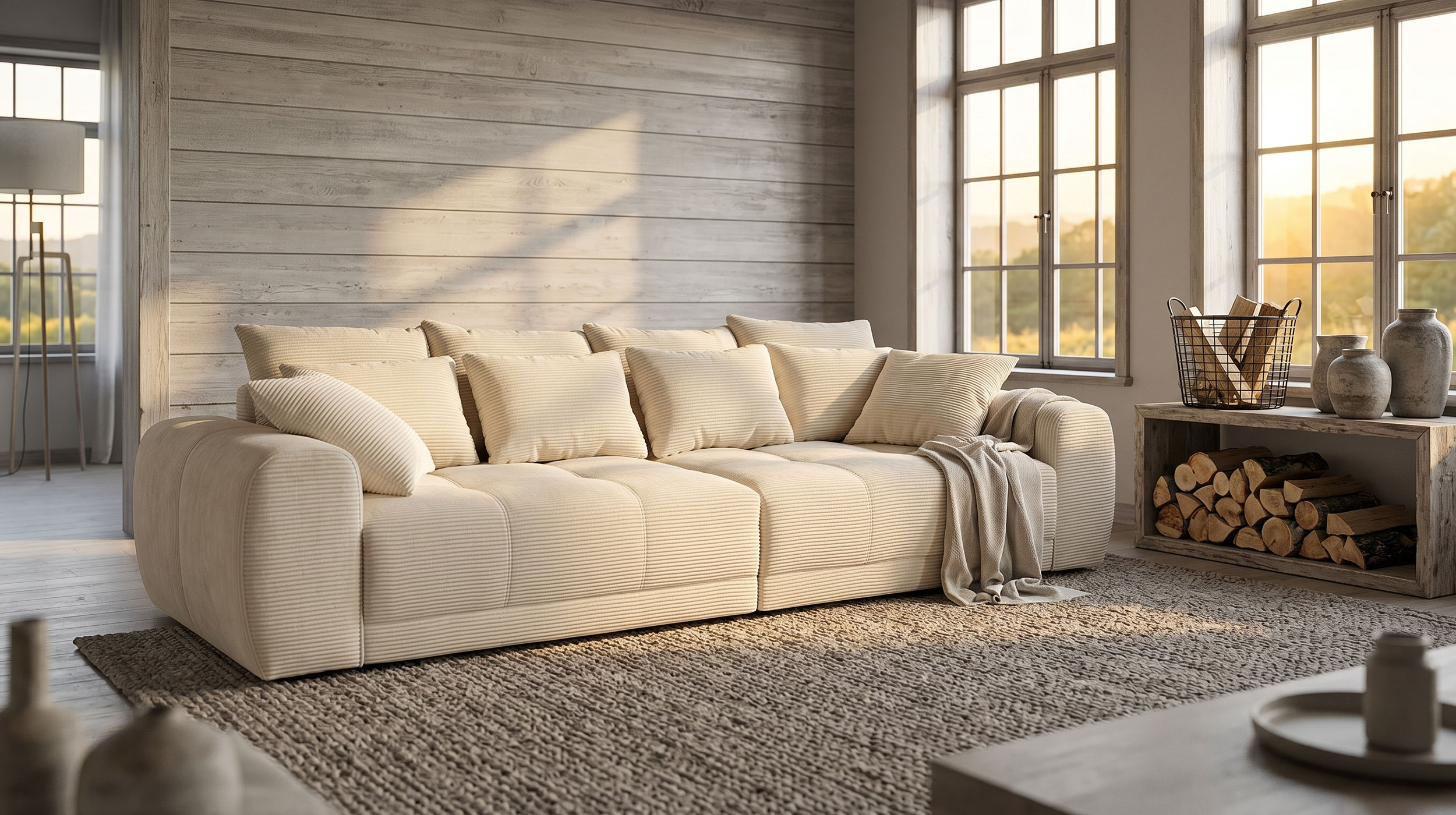 Big Sofa Cord beige - 308 cm - Federkern - JANNI