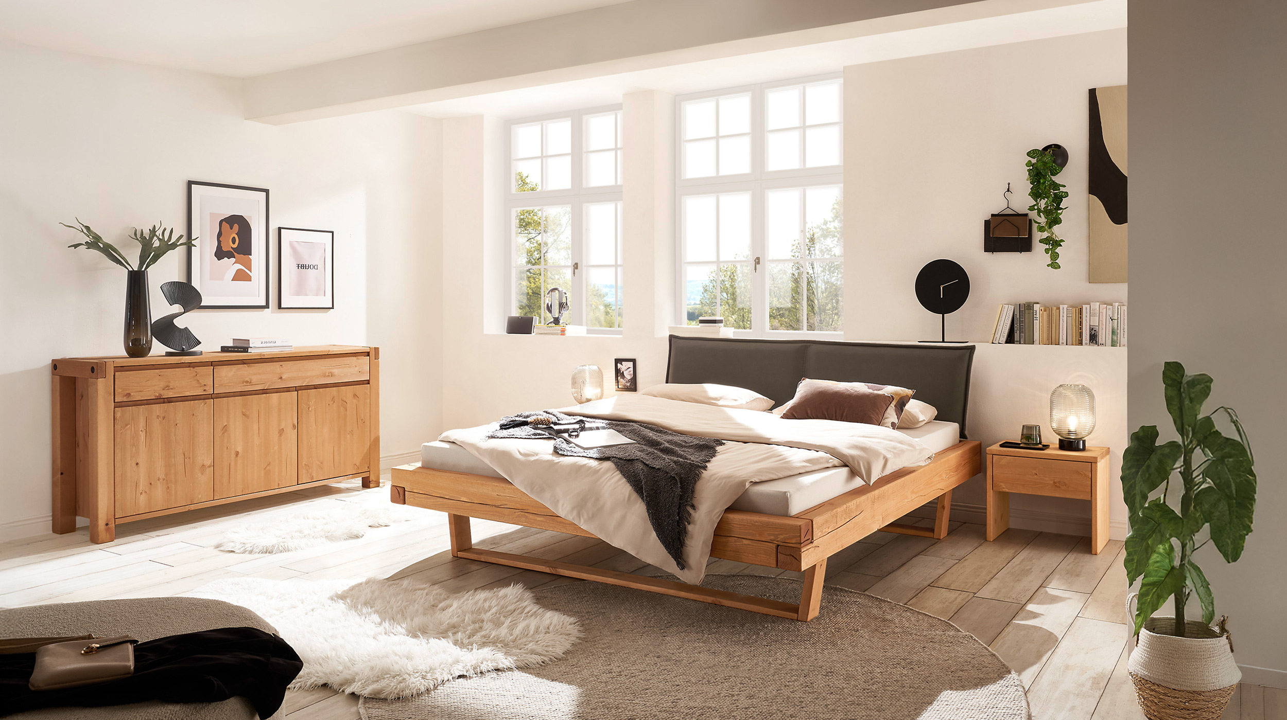 Balkenbett 180 cm Kiefer massiv Polsterkopfteil - U-Gestell - JOREN