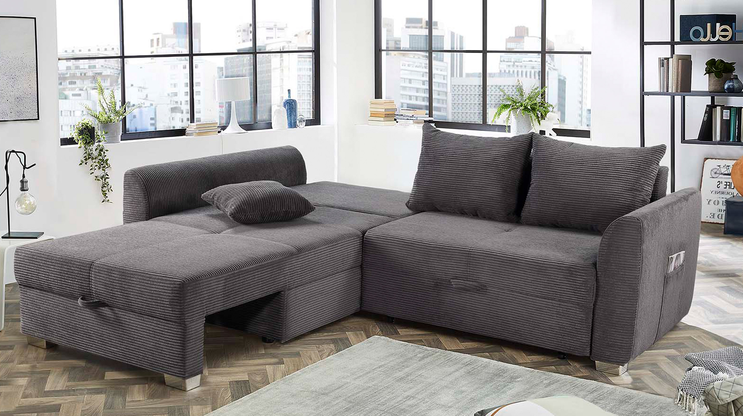 Ecksofa Cord Schlaffunktion Bettkasten grau 236 cm - BOOMER