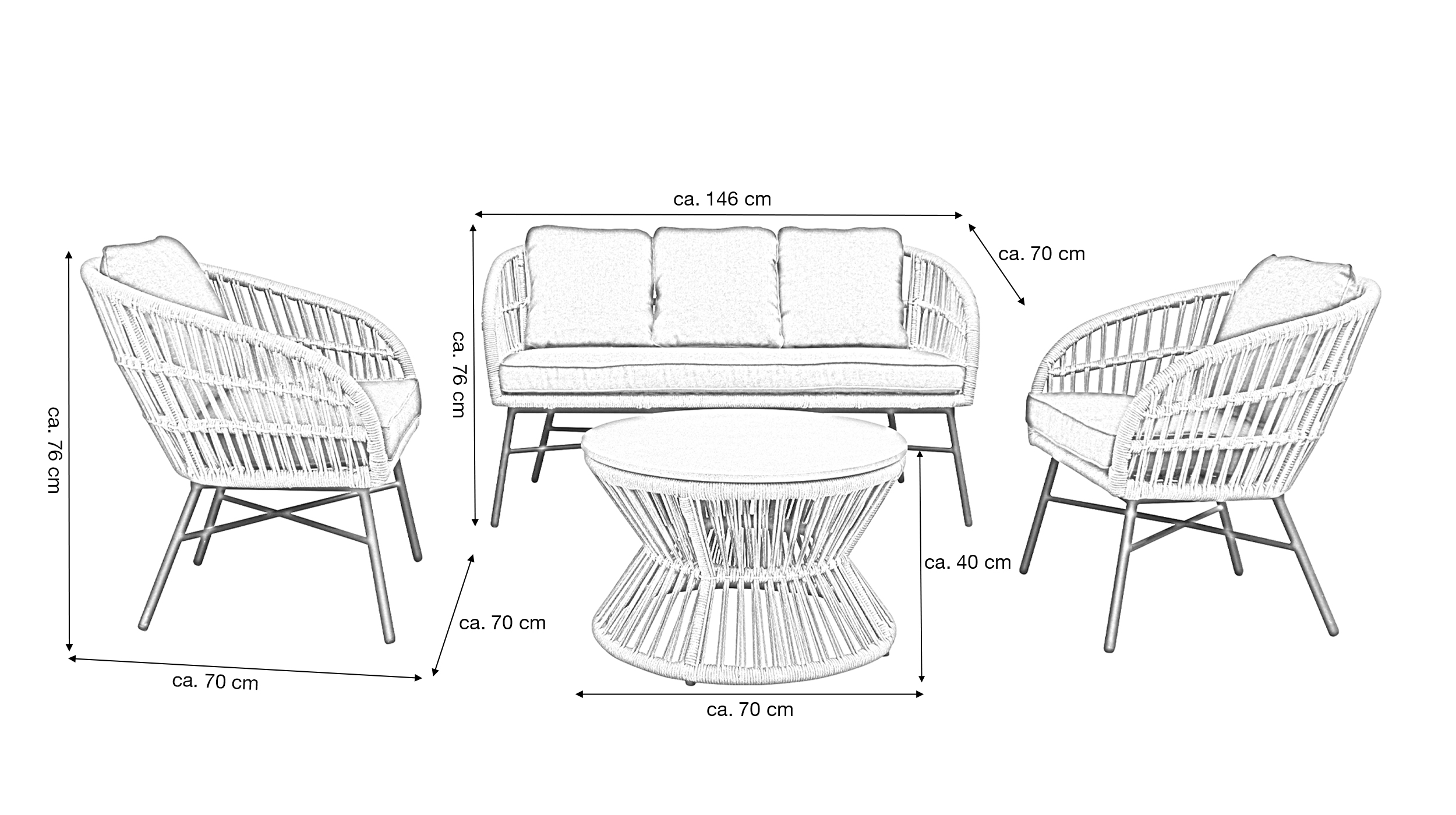 Gartenmöbel Set 4-teilig Tisch 70 x 40 cm - LUNO