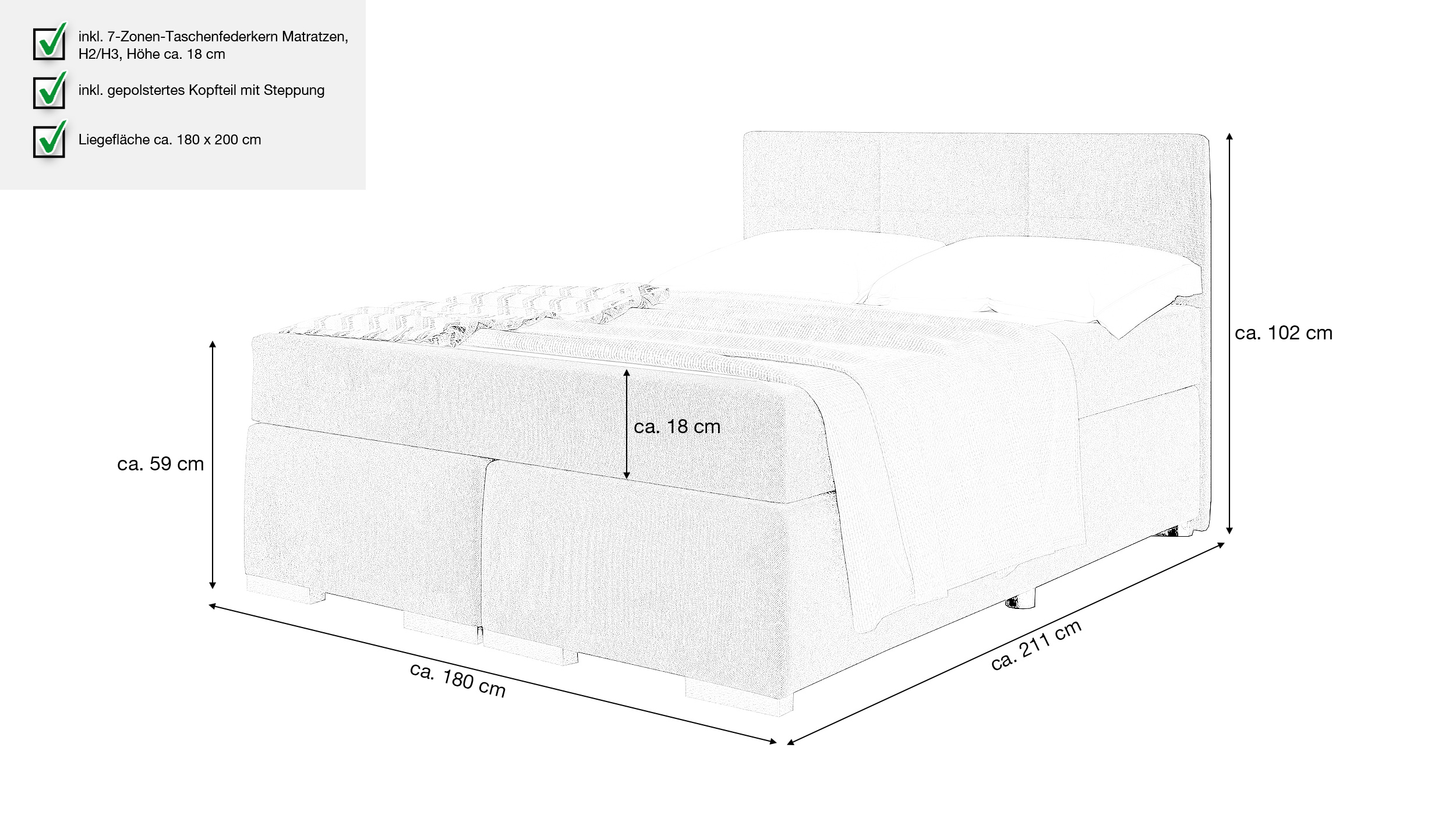 Boxbett 180 x 200 cm grau Stoffbezug - ONE