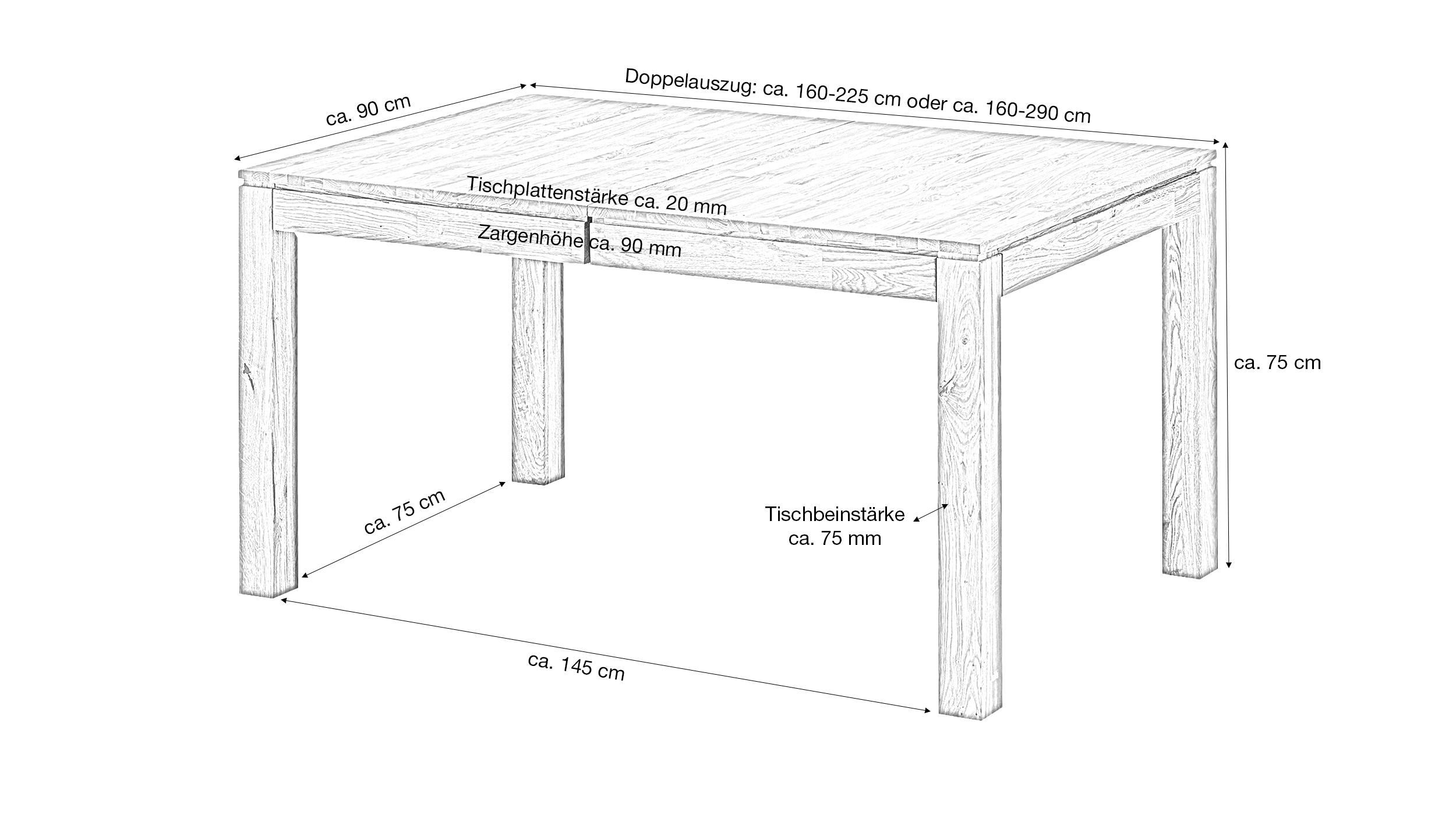 Esstisch 160 (225 - 290 cm) x 90 cm ausziehbar Wildeiche massiv geölt - TAVERO