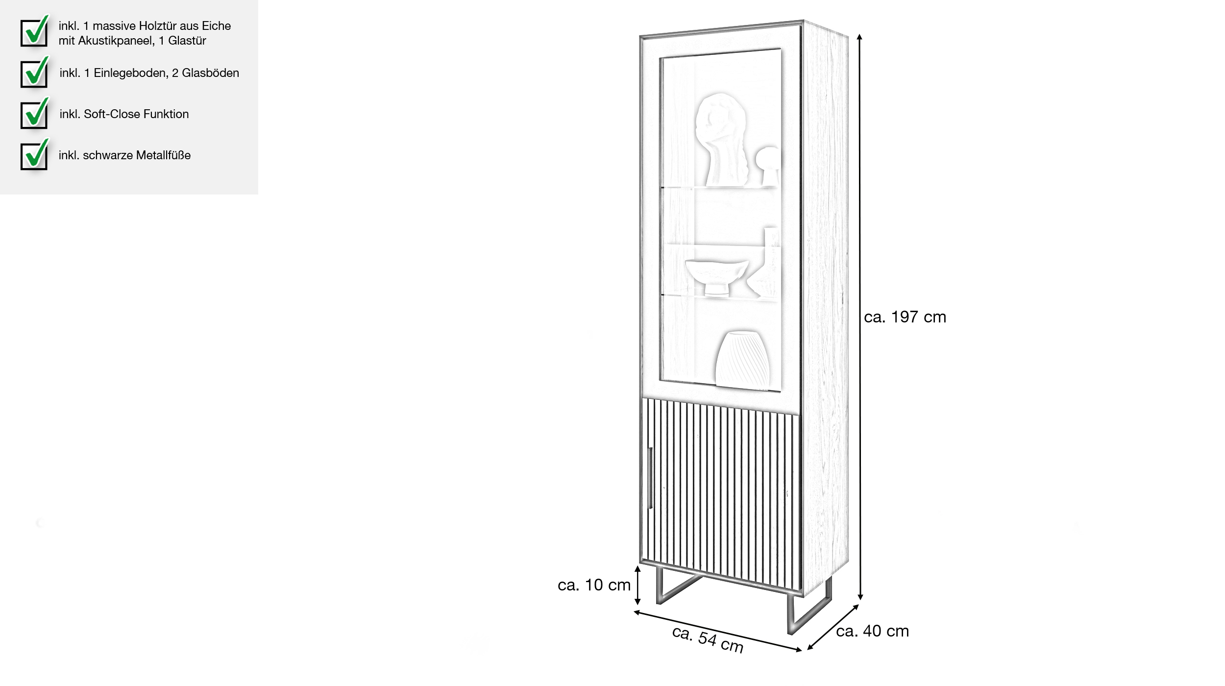 Vitrine mit Glastür Eiche teilmassiv geölt Breite 54 cm - BELLA