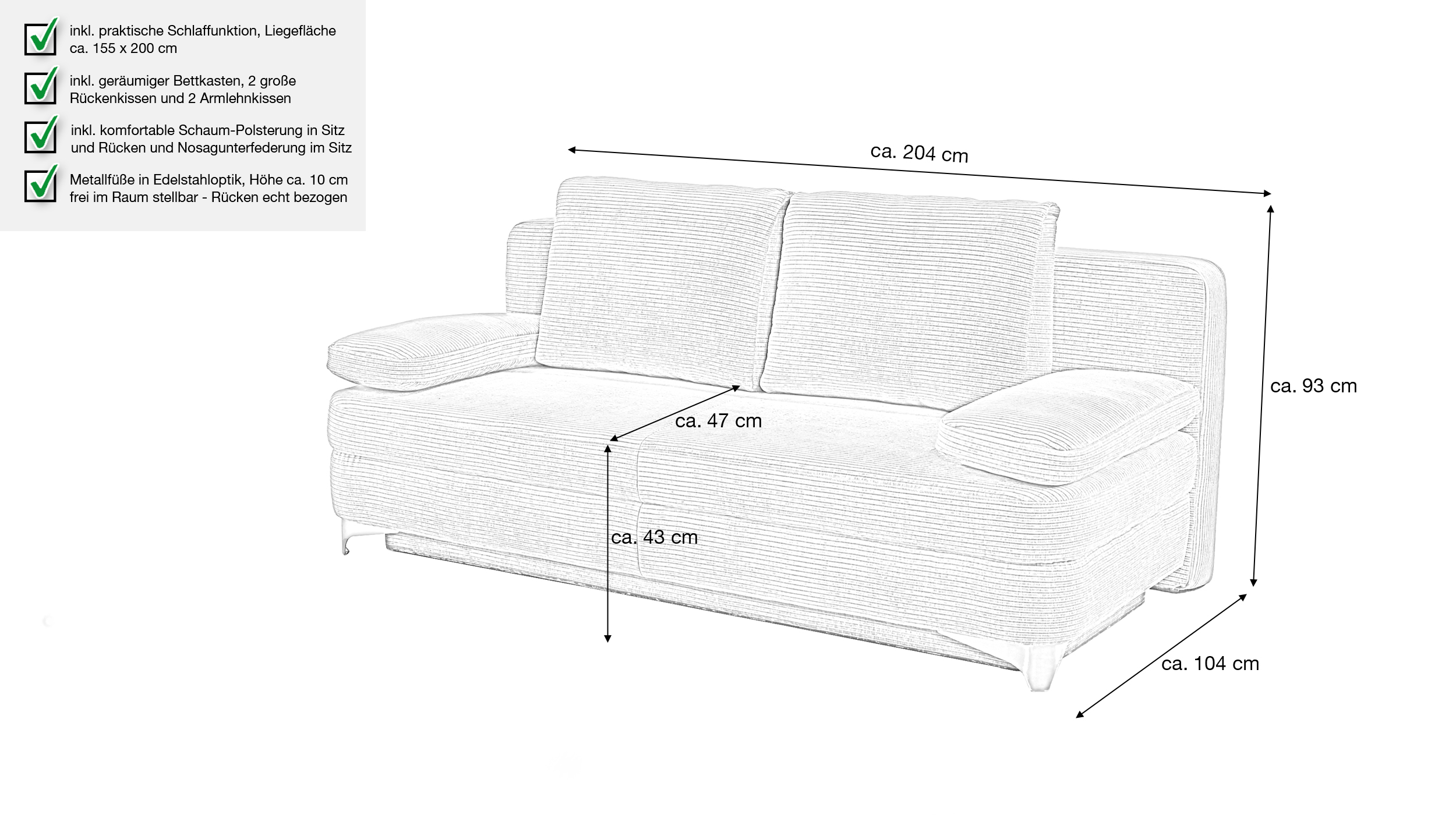 Schlafsofa Cord mit Bettkasten grau 204 cm - NOAH