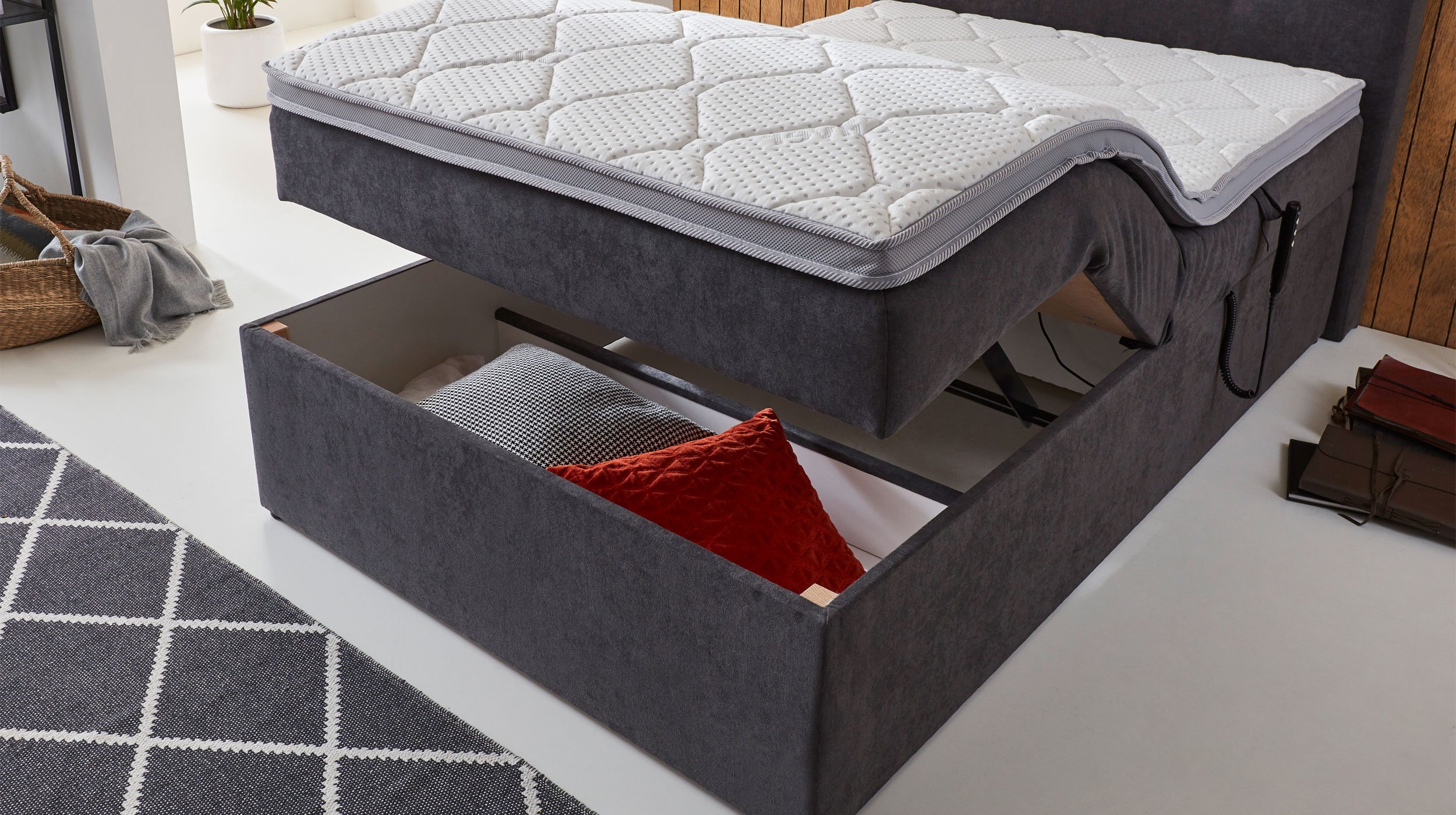 Boxbett 120 x 200 cm grau Bettkasten - elektrisch  - GABRIOLA