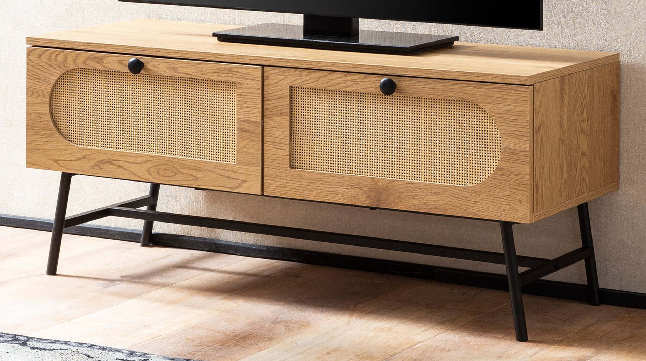 TV - Lowboard Eiche Holzdekor - Polyrattan 100 cm - RATVAN