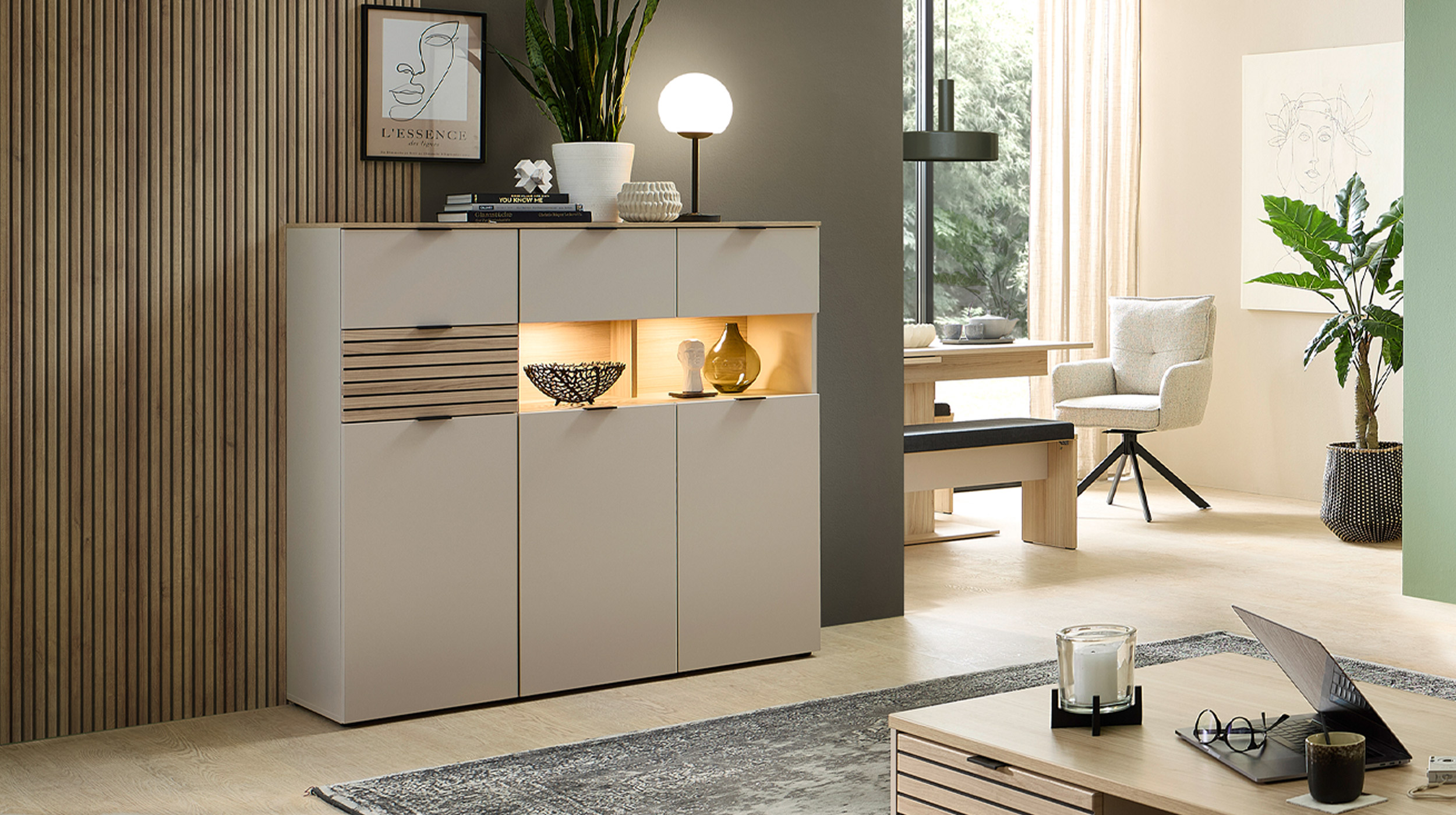 Highboard mit Beleuchtung beige - Riva Eiche 125 cm - INA