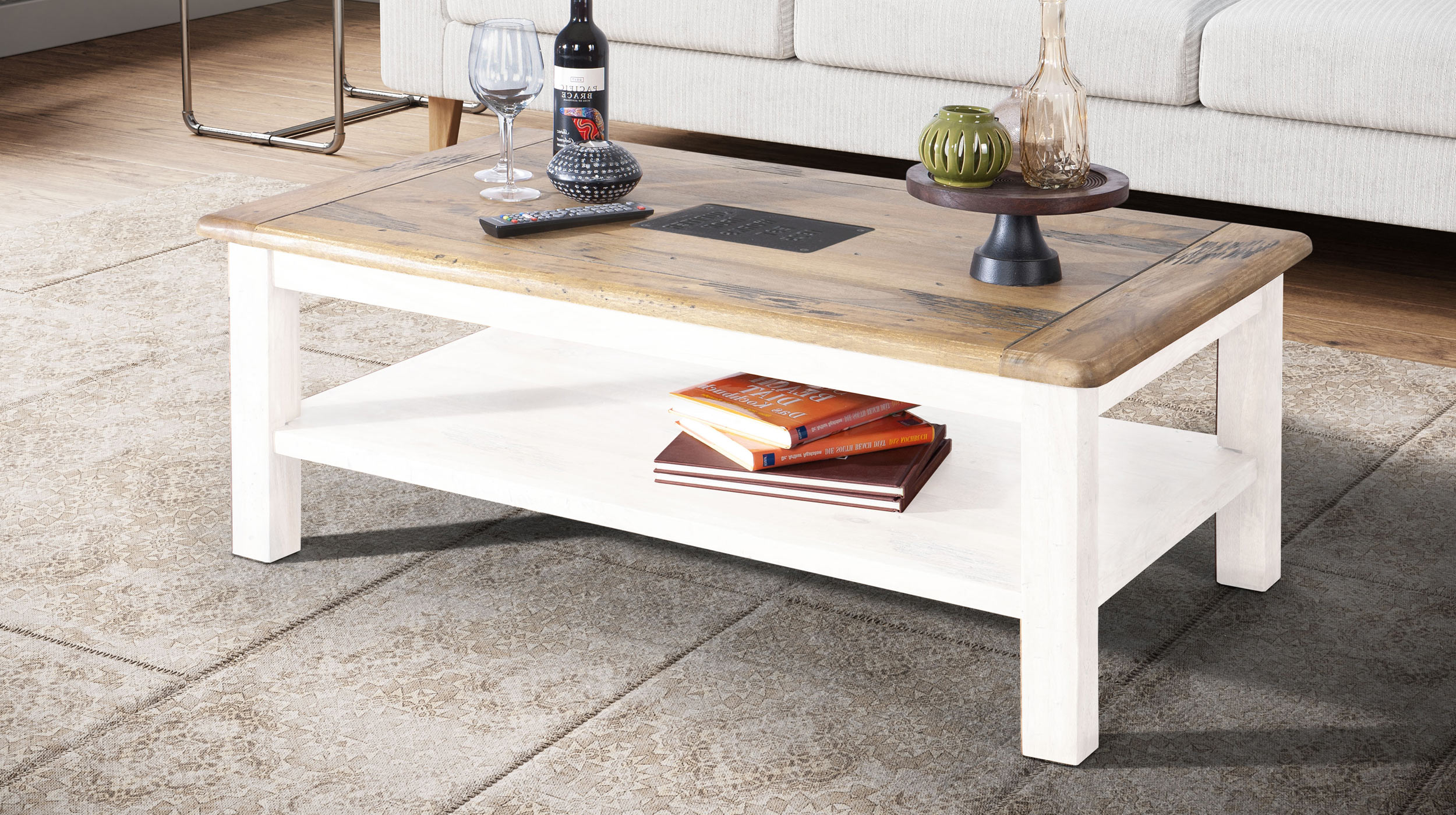 Couchtisch Massivholz weiß Mango 118 x 70 cm - EMANUEL