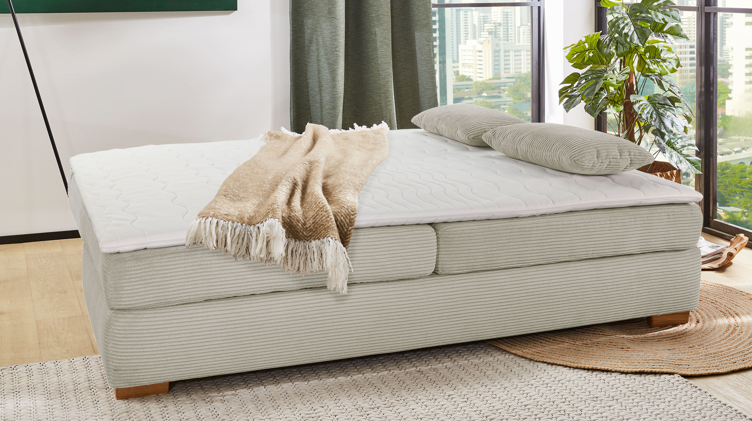 Schlafsofa Bettkasten Cord grau-beige 201 cm Dauerschläfer - DERBY