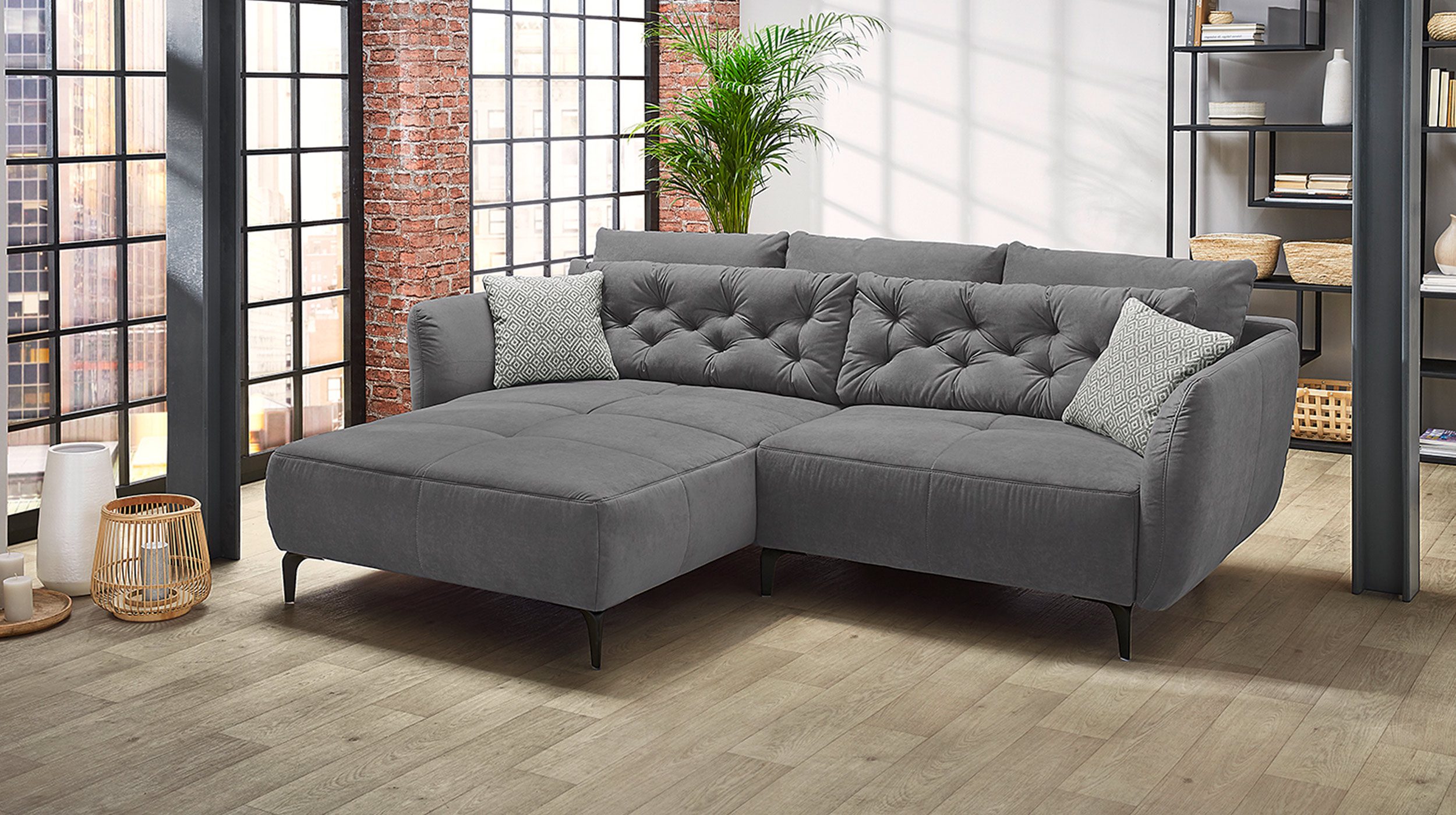 Ecksofa grau Veloursbezug 251 x 186 cm - SALO