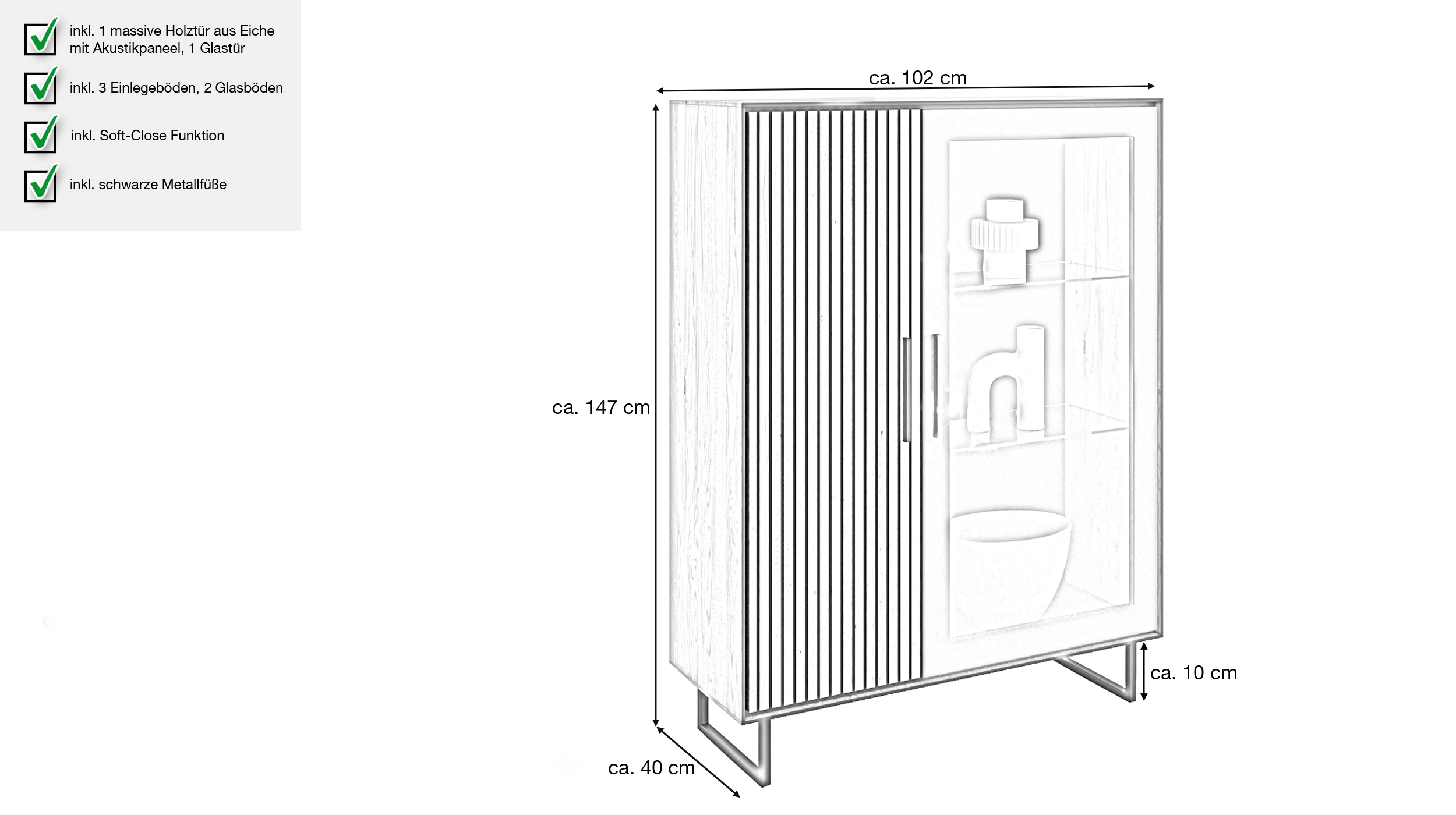 Vitrine mit Glastür Eiche teilmassiv geölt Breite 102 cm - BELLA