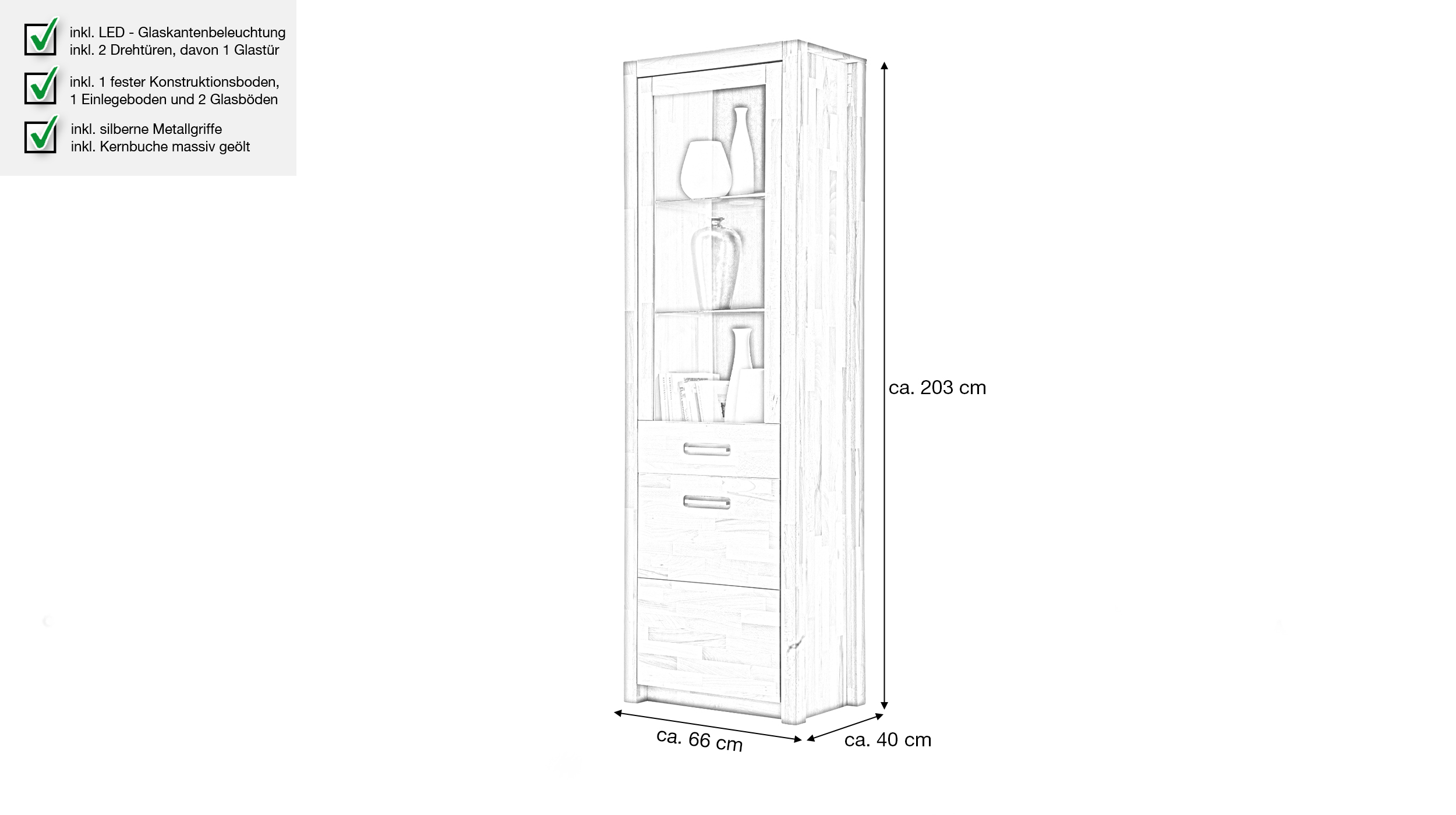 Vitrine mit Beleuchtung Kernbuche massiv geölt Breite 66 cm - FENJA