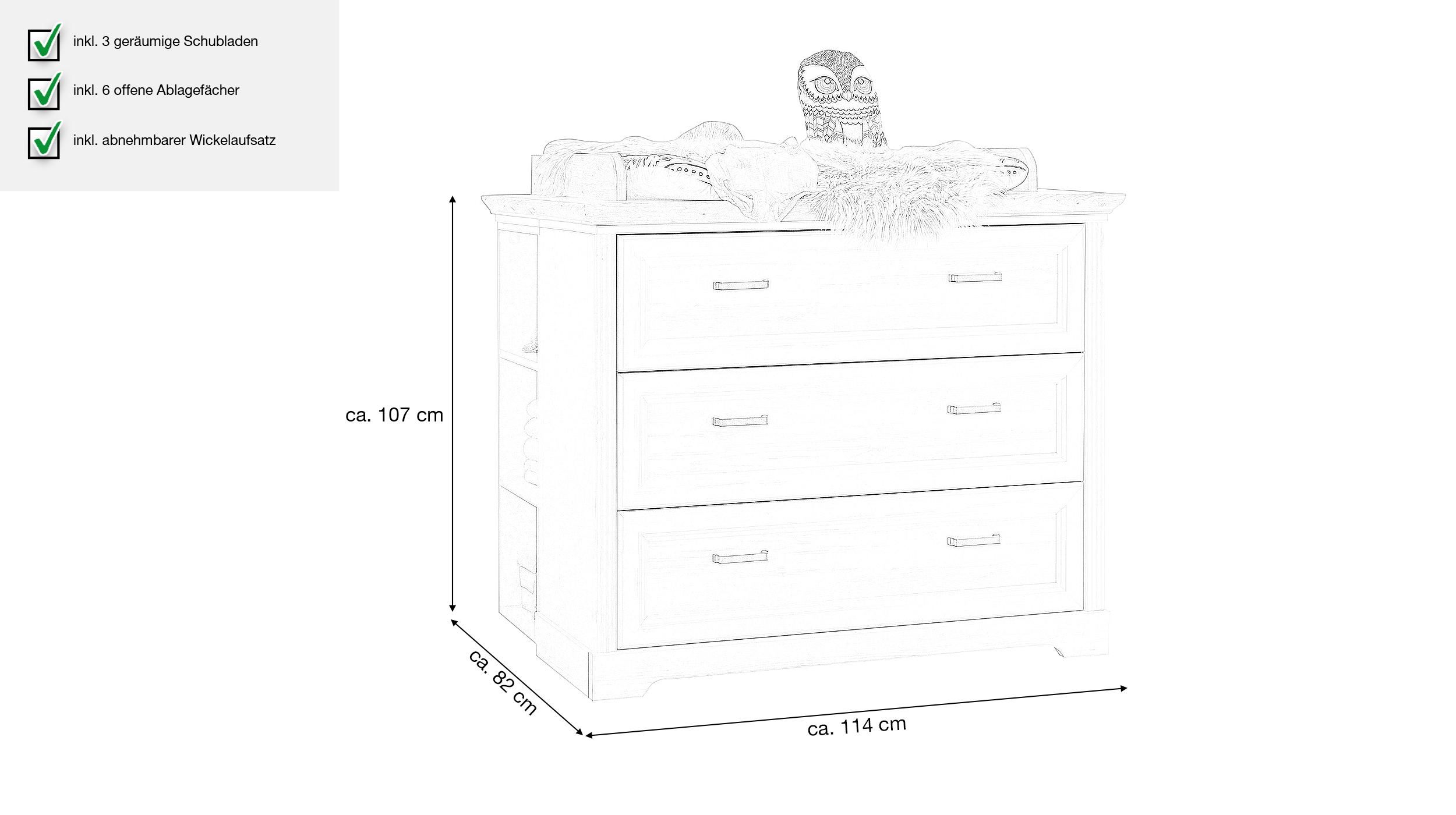 Kommode Wickelkommode Anderson Pinie weiß 114 cm - JASMIN