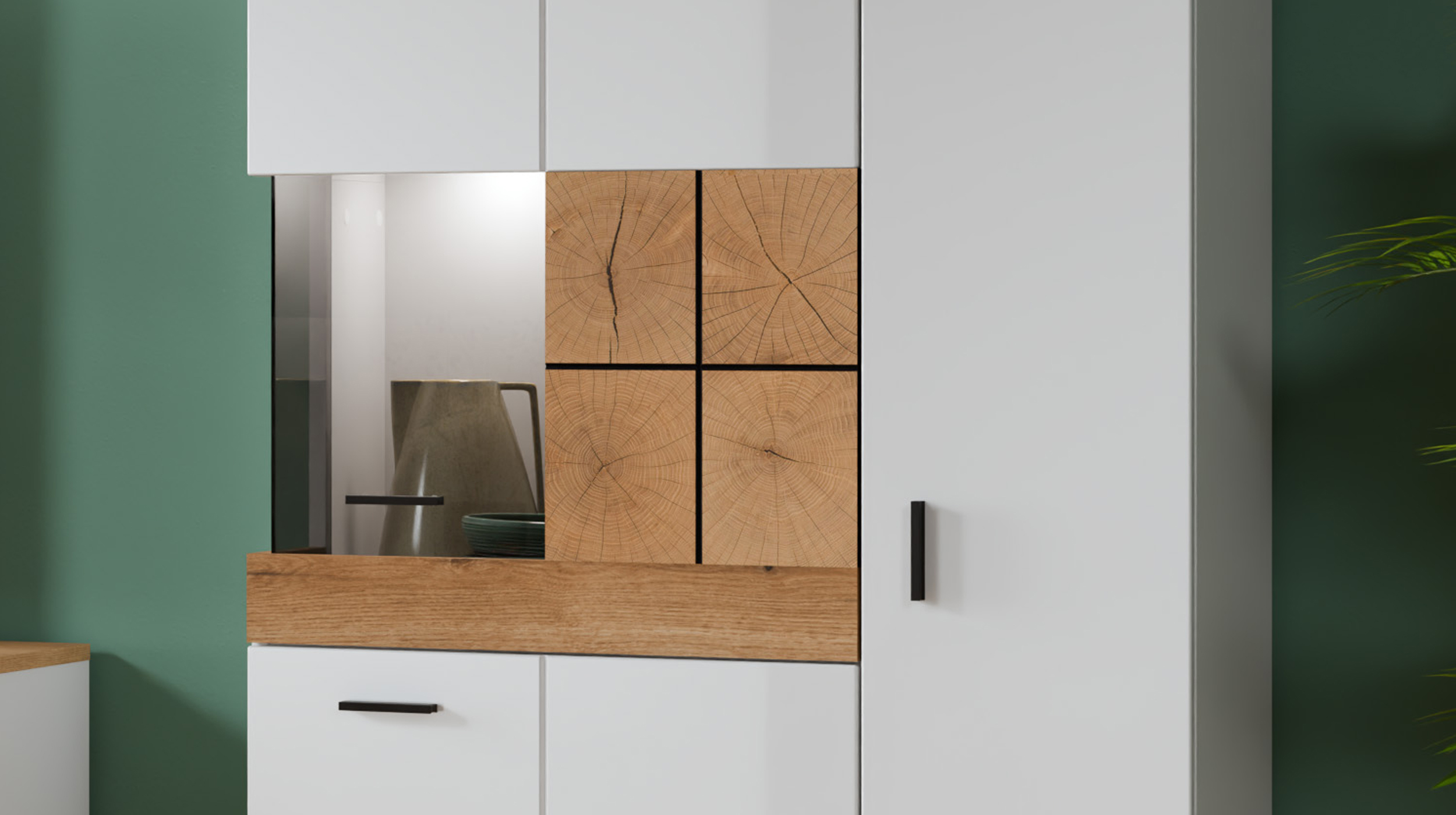 Highboard mit Glastür weiß Hochglanz - Eiche 82 cm - ORETA
