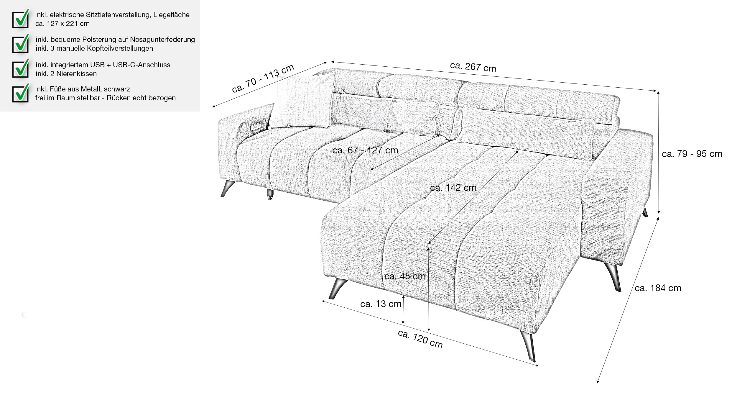 Ecksofa grau 267 cm mit XXL-Sitztiefenverstellung - OT rechts - BALI