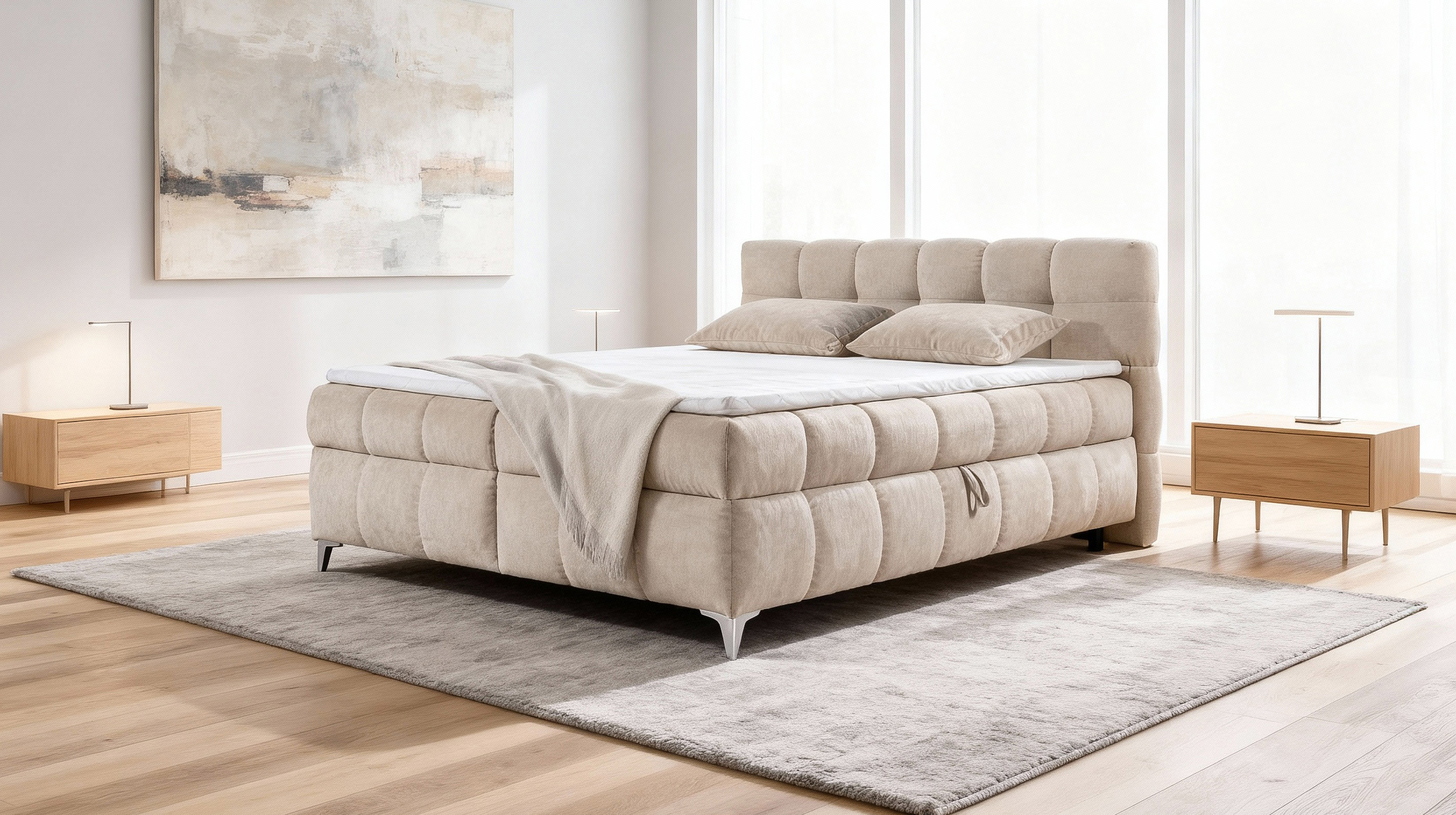 Boxbett 180 x 200 cm beige Stoffbezug mit Bettkasten - VELARIO