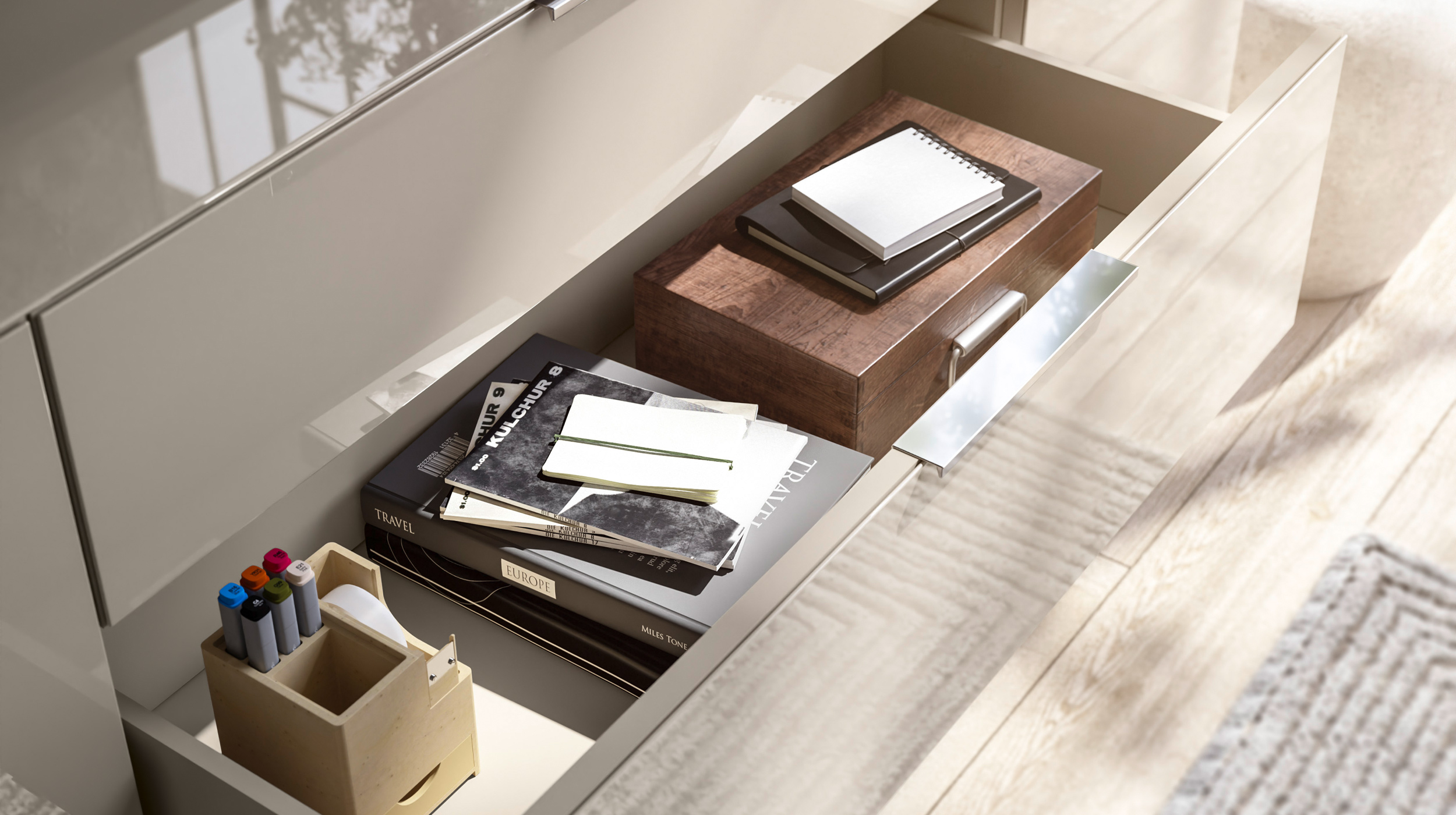 Sideboard 4 Schubladen - beige - Glasfront - 226 cm - SANTORIN