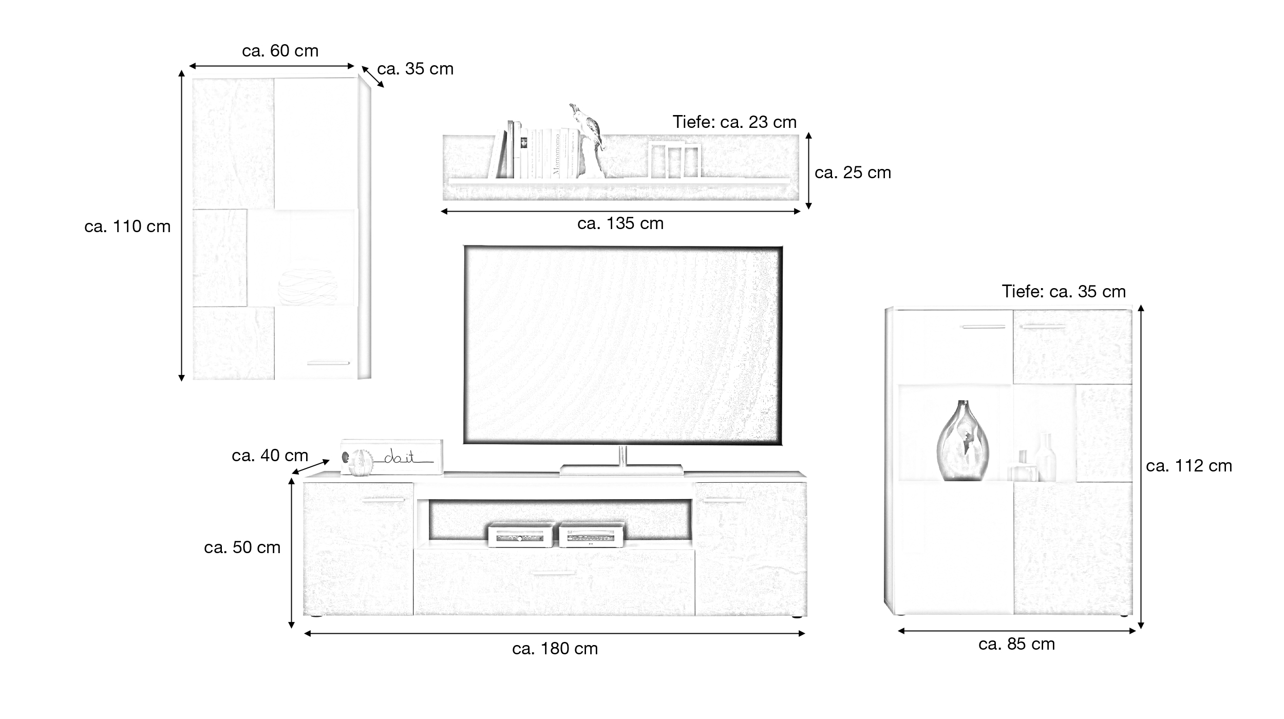 Wohnwand weiß - Betonoptik 290 cm mit LED-Beleuchtung - VULCAN