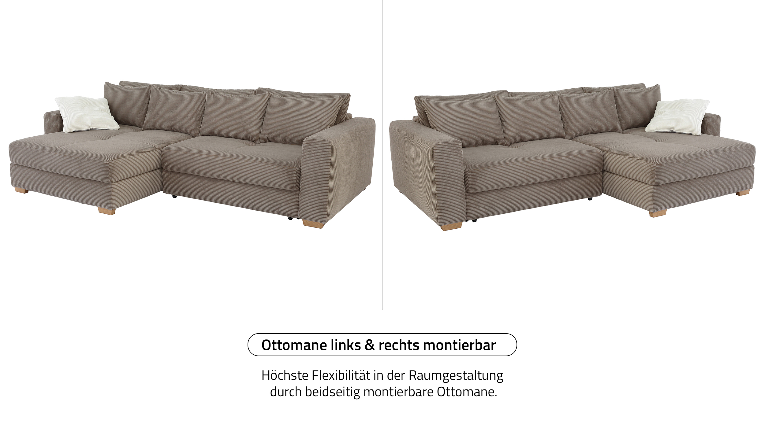 Ecksofa Cord taupe Schlaffunktion Bettkasten 288 x 186 cm - KAMPEN