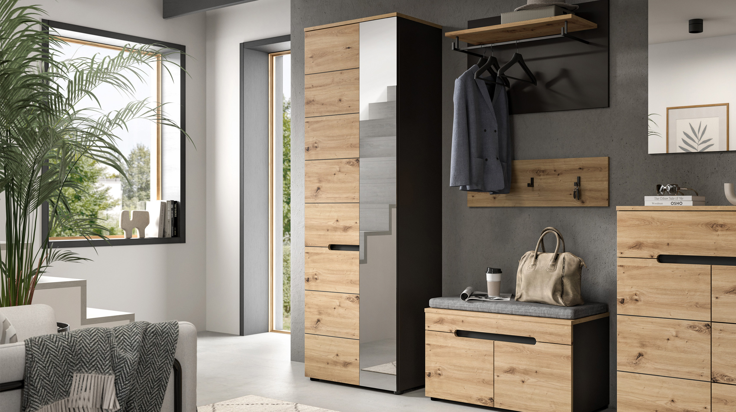 Garderobenschrank anthrazit Artisan Eiche 190 cm - CANU