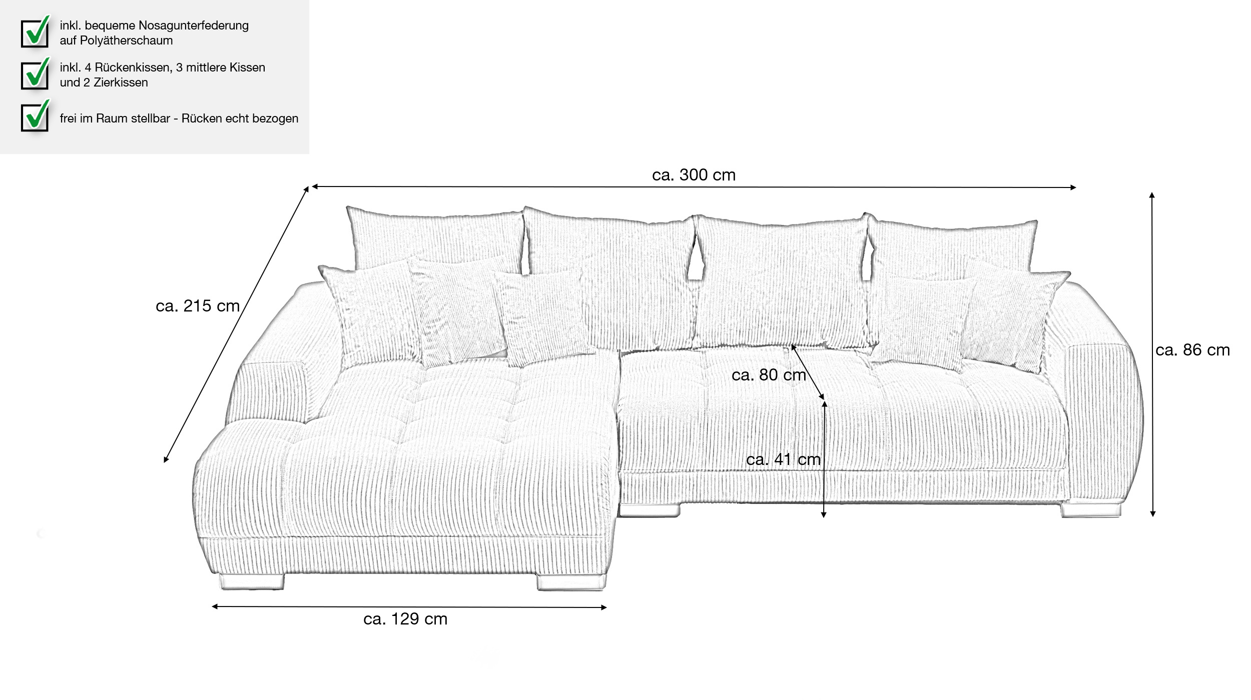 Ecksofa Cord beige 300 x 215 cm - OT links - ARTEMIS