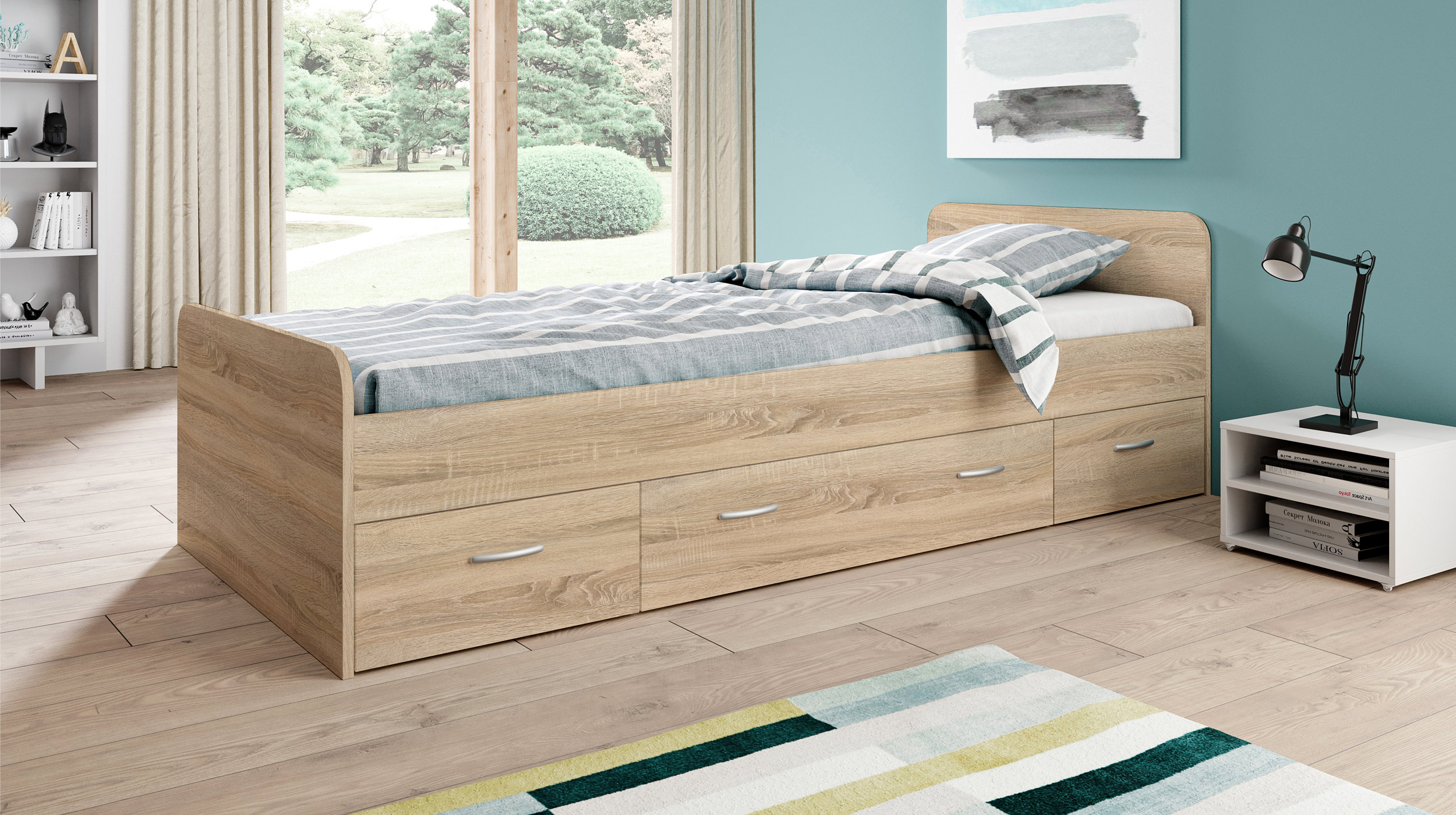 Jugendbett mit 2 Schubladen 90 x 200 cm Sonoma Eiche - BORO