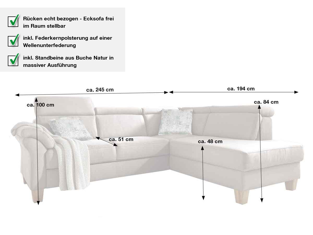 Ecksofa 245 cm grau - Sofaprogramm - Basis Version - ARNGAST