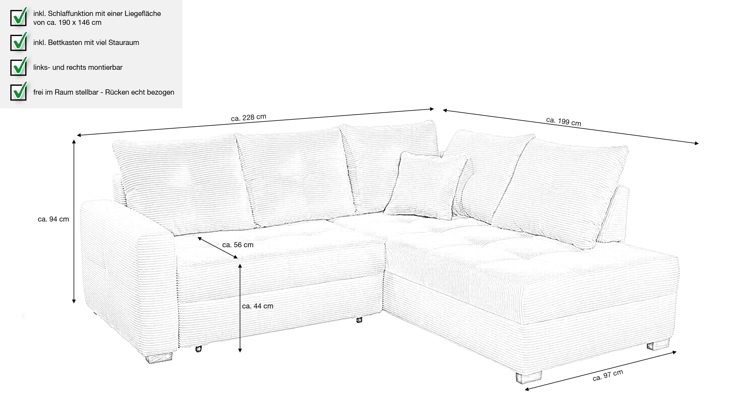 Ecksofa Cord grau-beige 228 cm - Schlaffunktion Bettkasten - HEIDELBERG