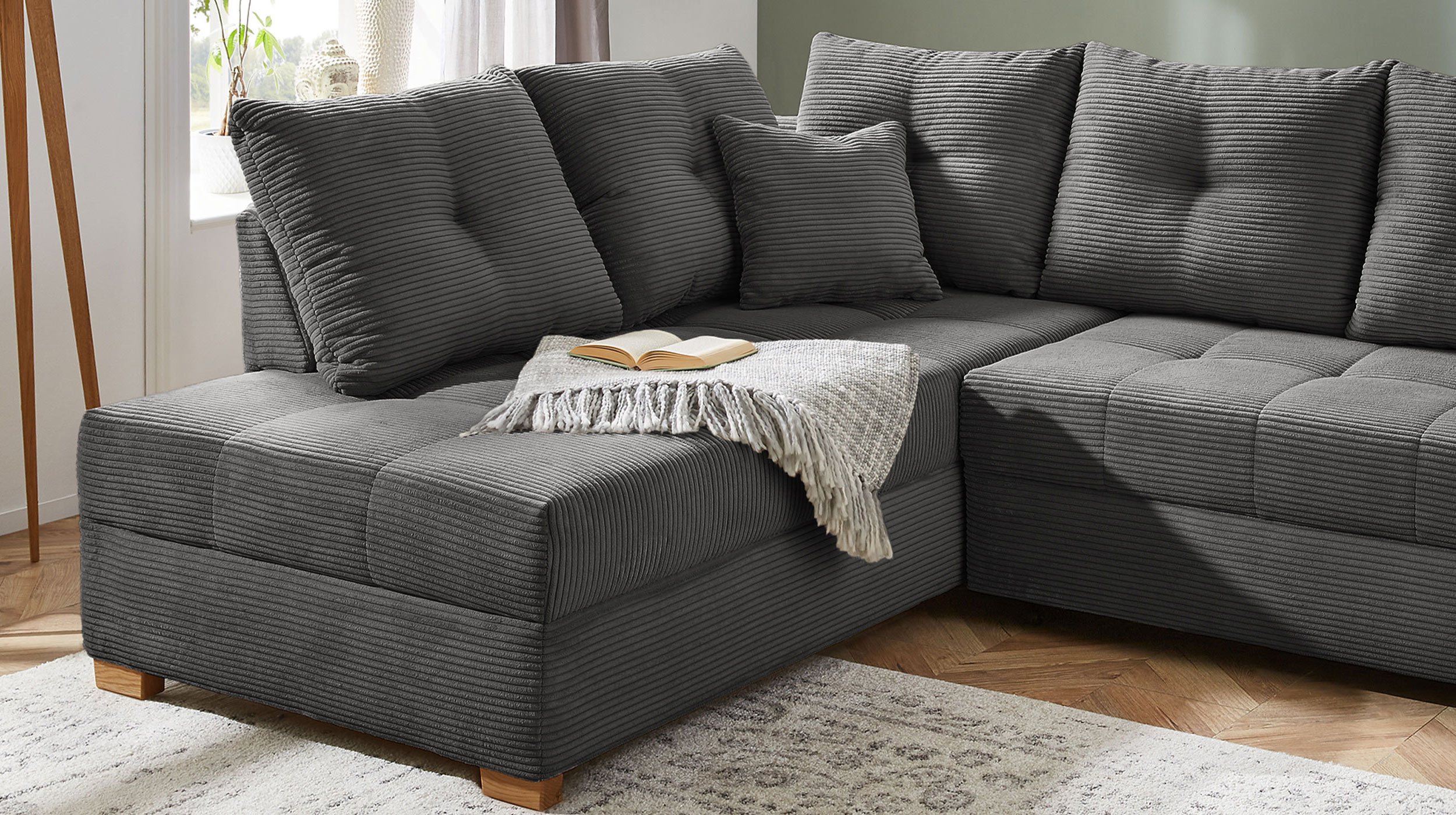 Ecksofa Cord grau 228 cm - Schlaffunktion Bettkasten - HEIDELBERG