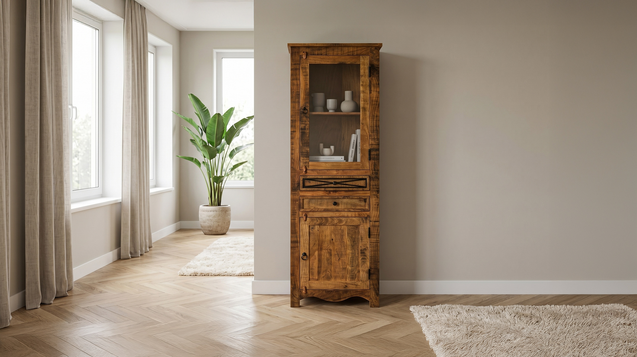 Vitrine mit Glastür Akazie massiv lackiert montiert 60 cm - ACANO
