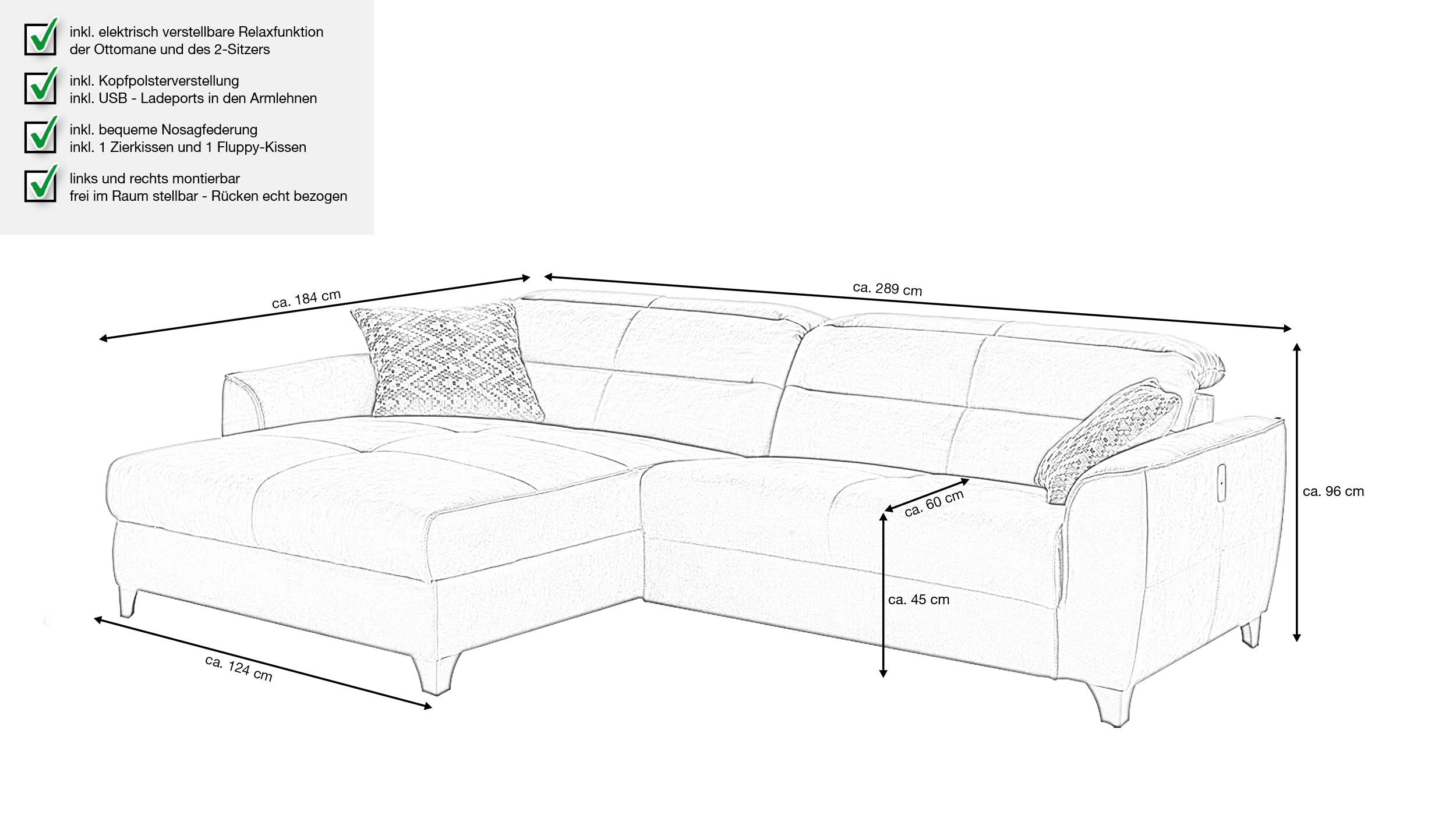 Ecksofa mit Relaxfunktion braun 289 x 184 cm - DOUBLE-ONE